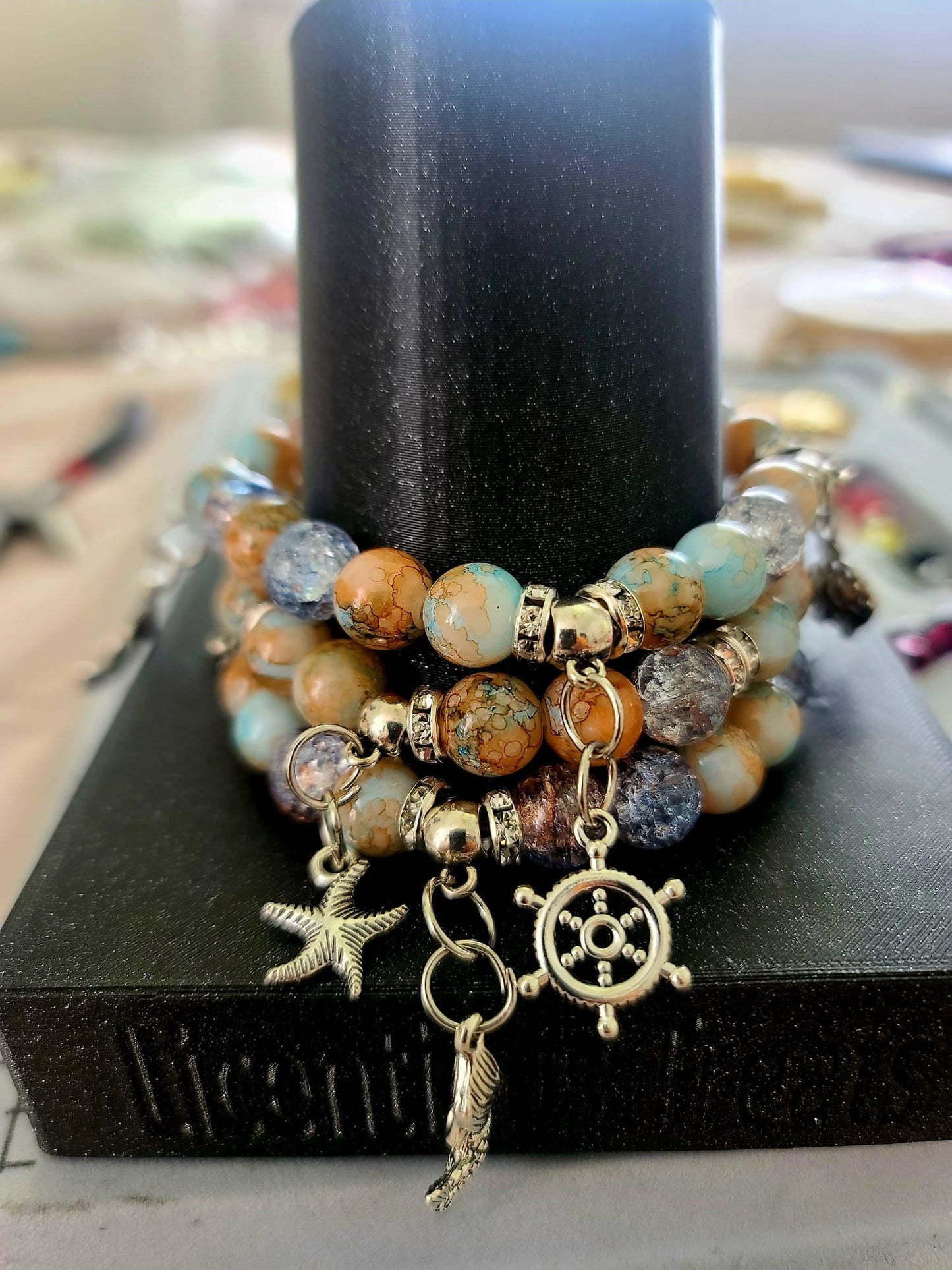 Beaded Bracelet Set Ocean Blue Sands Sea Shores Glass Beads Charms Fashion Accessory One Of A Kind