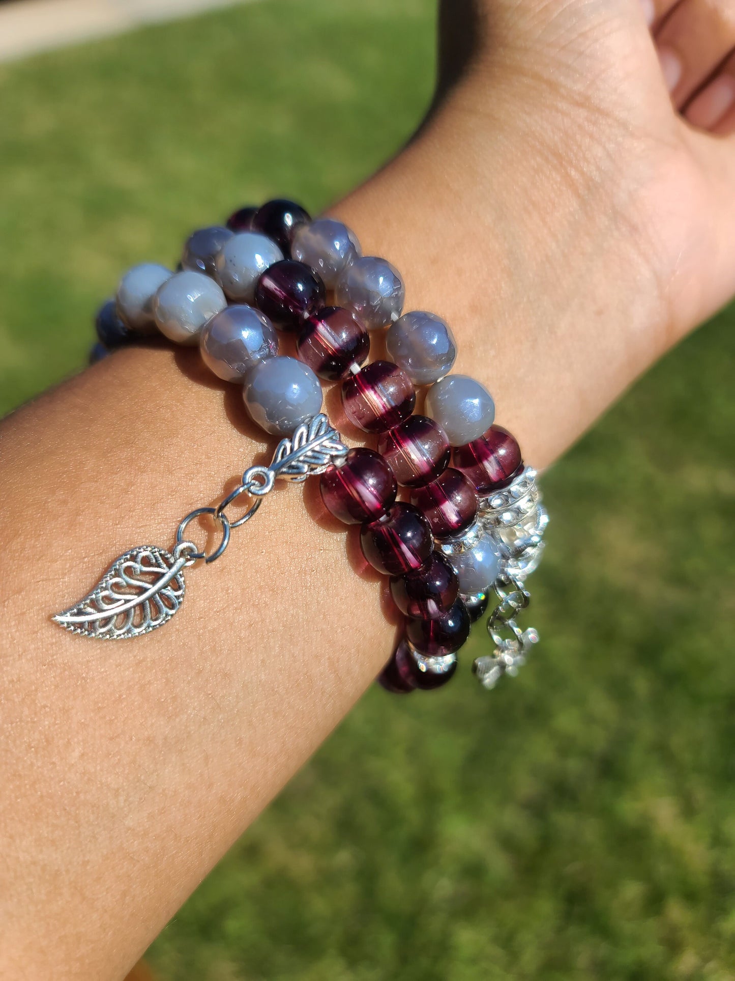 Beaded Bracelet Set Dark Purple Cateye Beads Grey Plated Glass Charms Eye Catching Versatile Handcrafted One Of A Kind Fashion Accessory