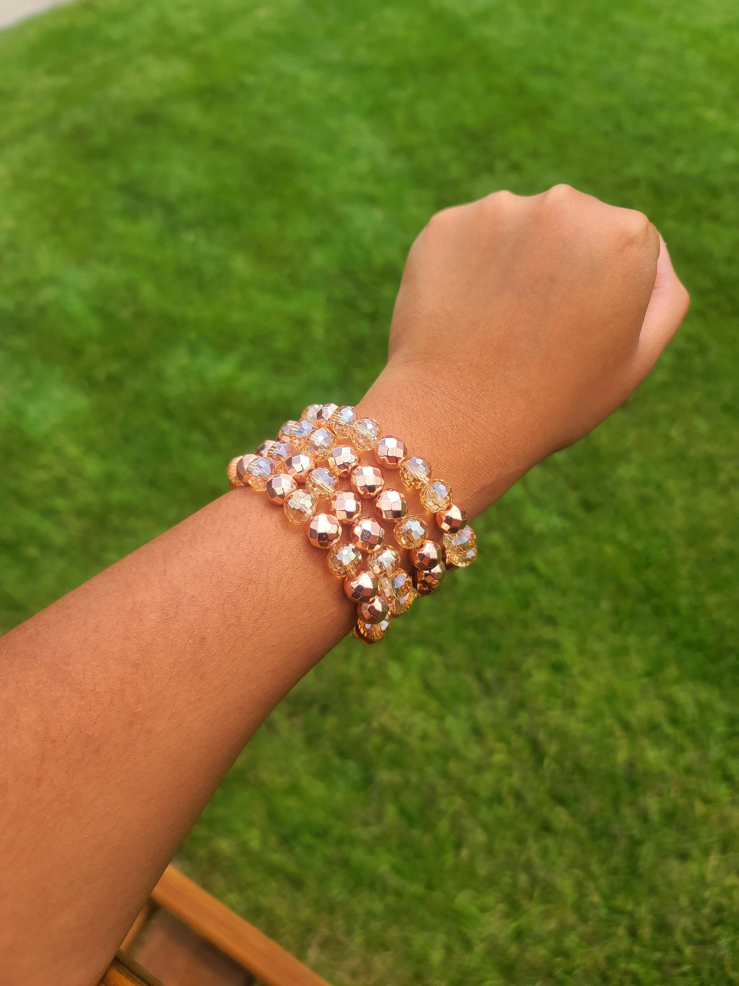 Beaded Bracelet Set Rose Gold Faceted Champagne Plated Glass Sparkling Handcrafted Statement Piece Fashion Accessory One Of A Kind
