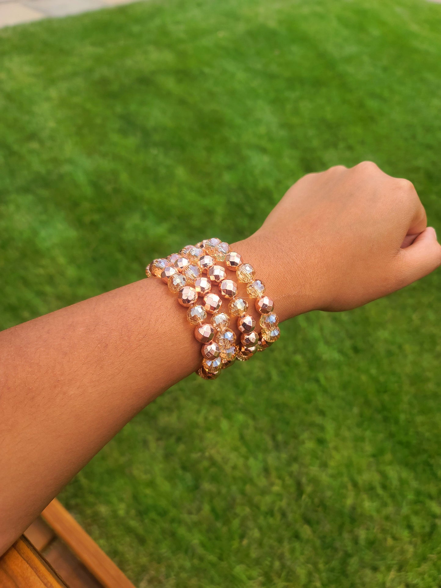 Beaded Bracelet Set Rose Gold Faceted Champagne Plated Glass Sparkling Handcrafted Statement Piece Fashion Accessory One Of A Kind