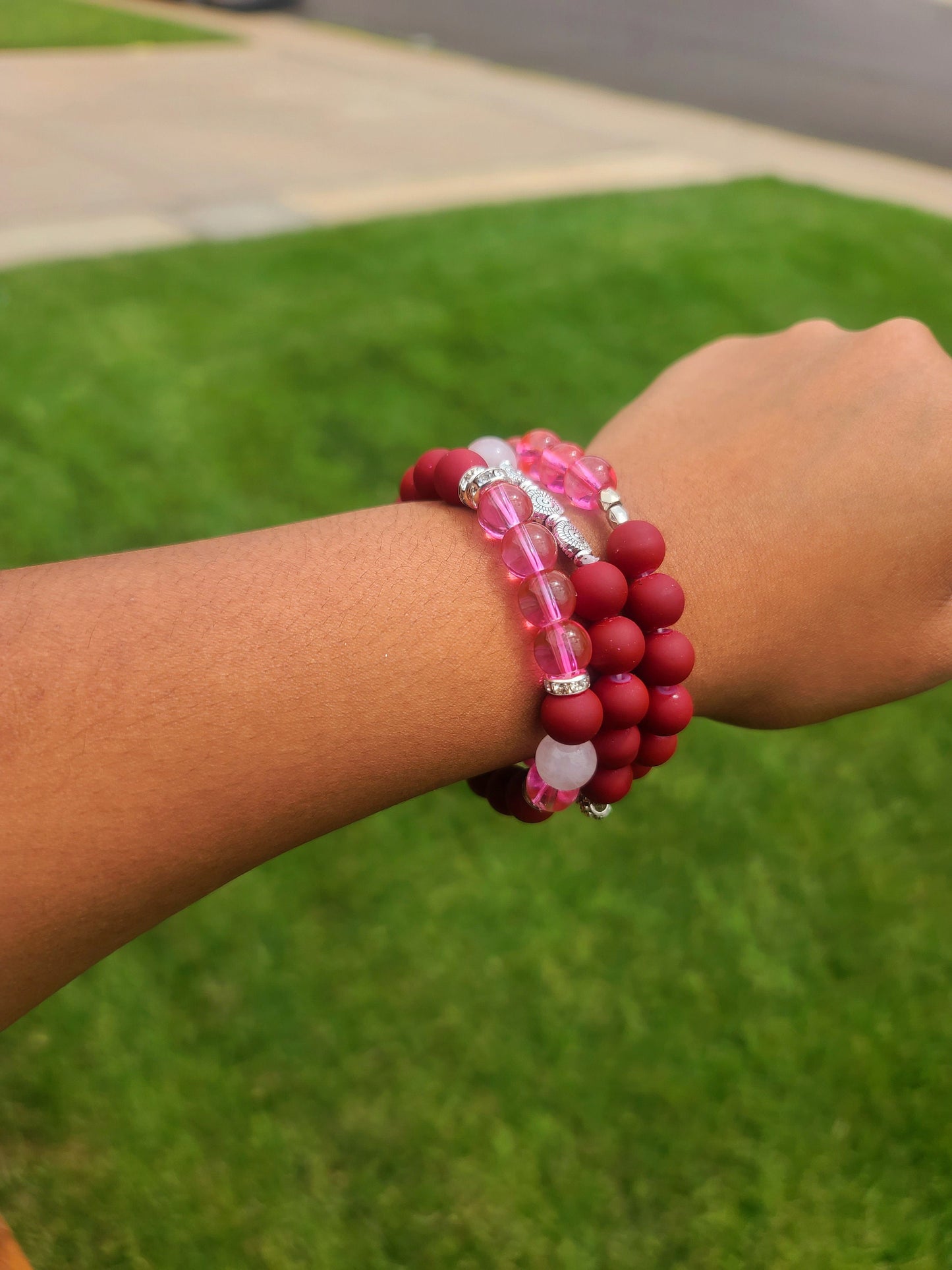 Beaded Bracelet Set Rose Quartz Red Matte Hot Pink Cat- Eye Beaded Bracelet Handcrafted One Of A Kind Fashion Accessory