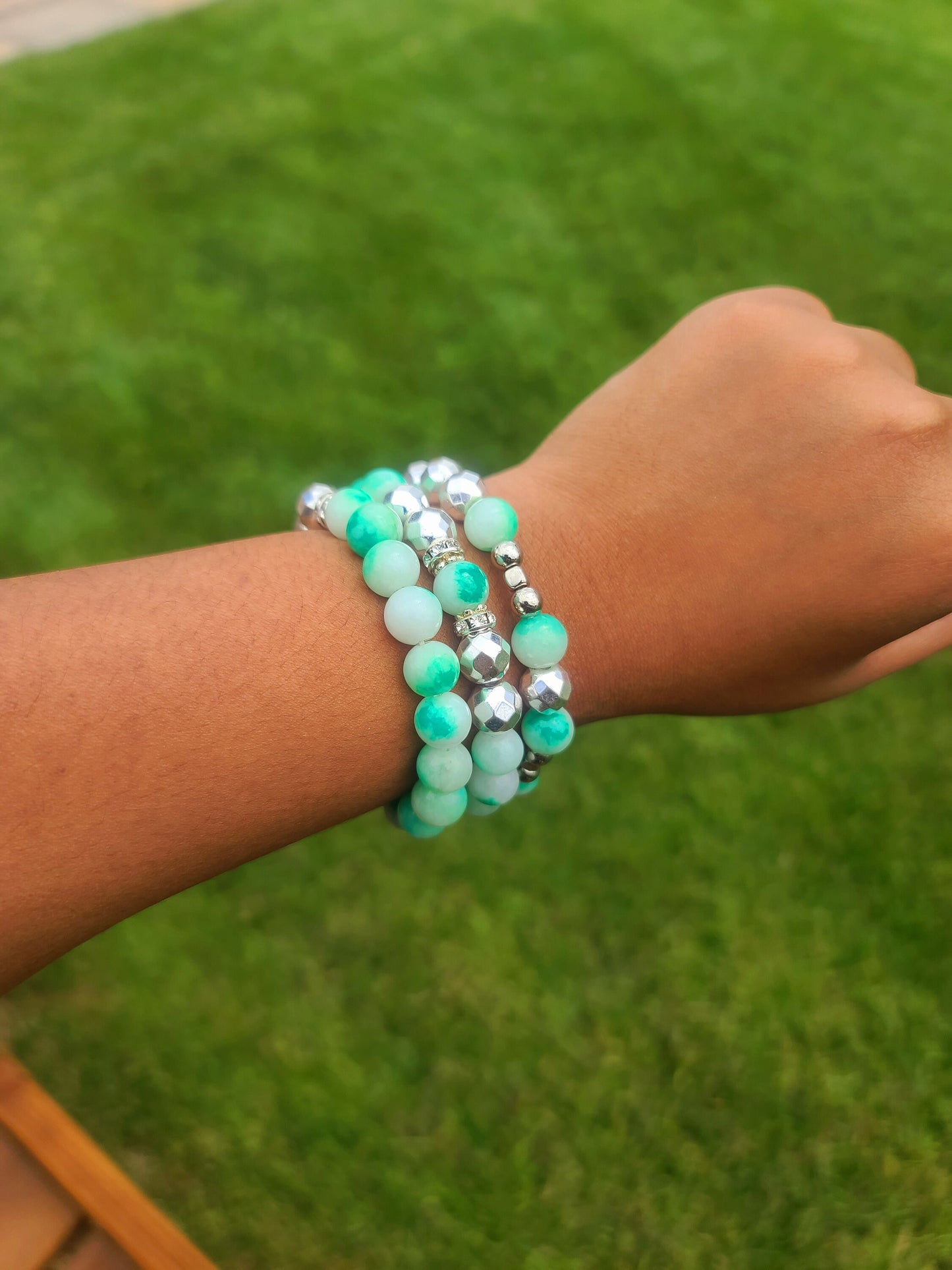 Beaded Bracelet Set Mint Green Jade Hematite Gemstone Handcrafted Fashion Accessory One Of A Kind