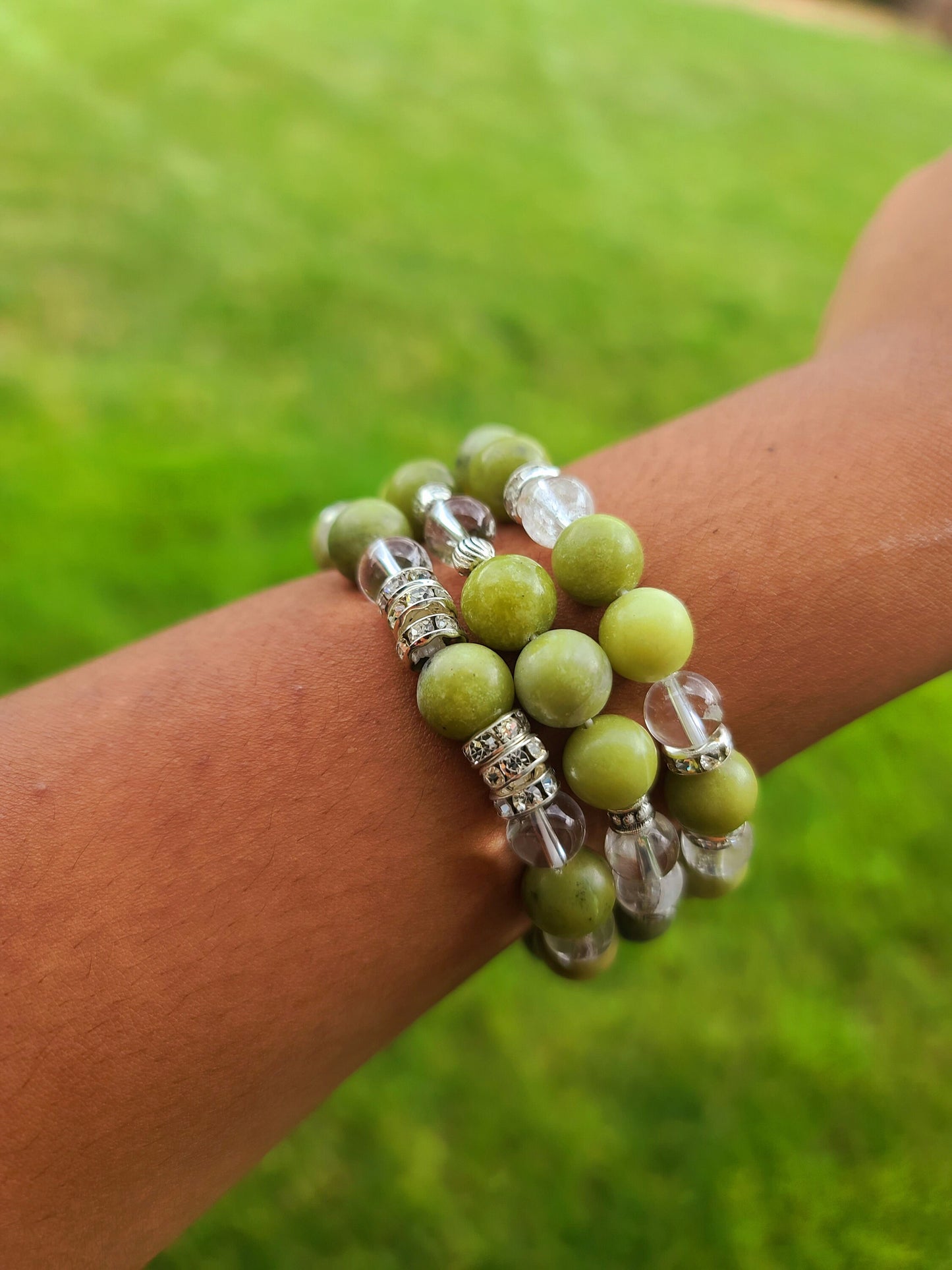 Beaded Bracelet Set Jade Clear Quartz Fashion Accessory Silver Spacers Elegant One-Of-A-Kind
