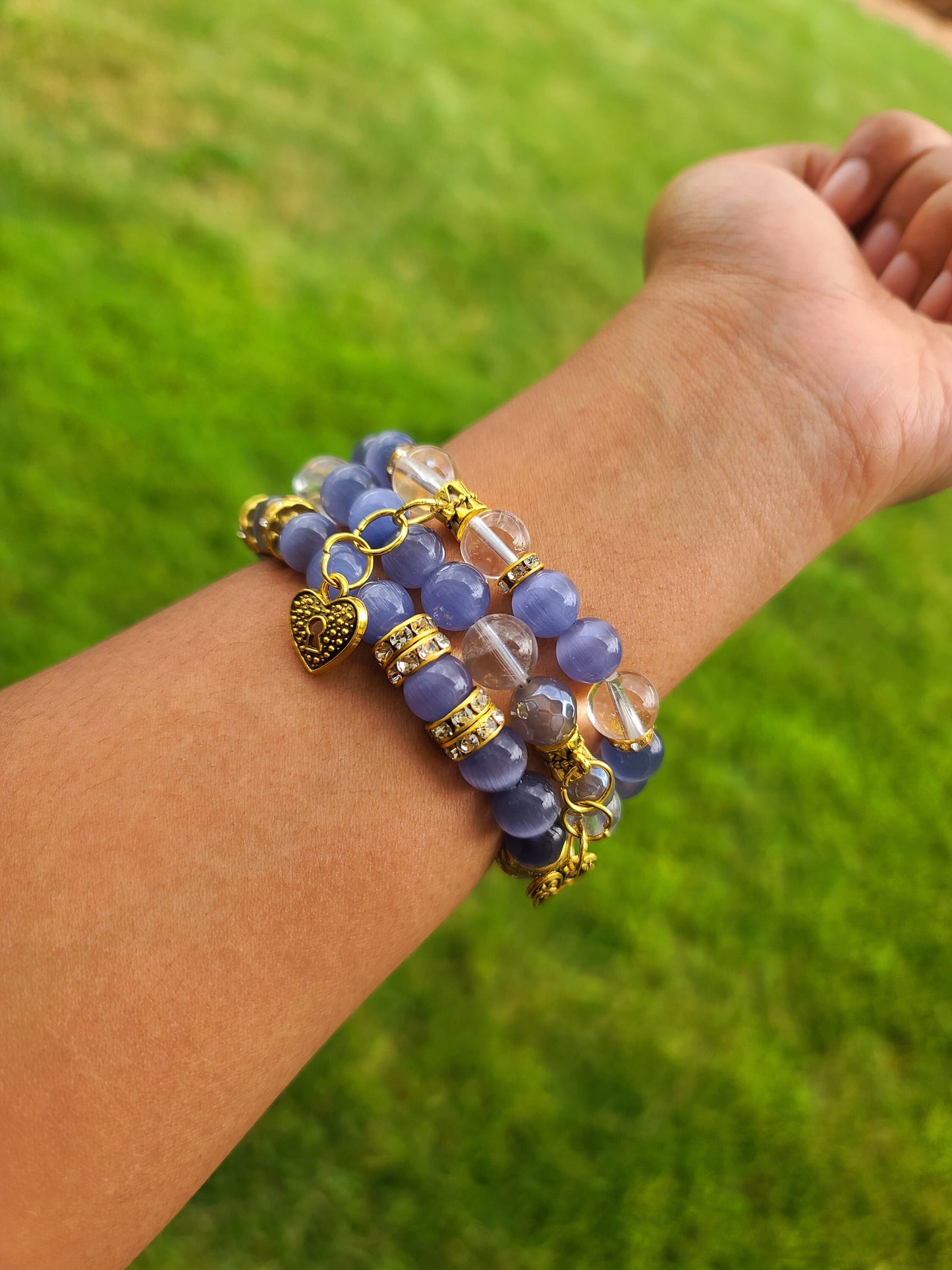 Beaded Bracelet Purple Cat-Eye Clear Quartz Fashion Accessory Gold Charms Elegant One-Of-A-Kind