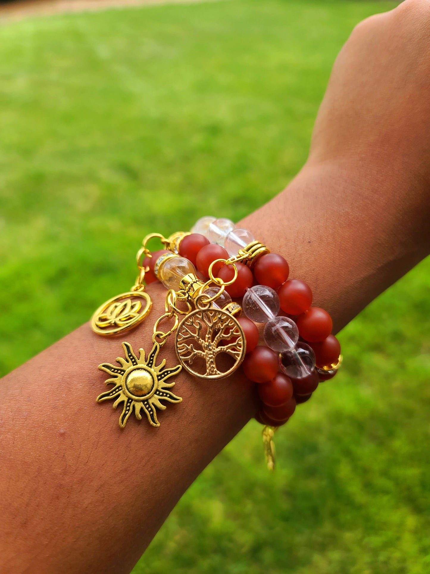 Beaded Bracelet Set Matte Carnelian Glass Gemstones Gold Sunshine Charms Handcrafted Statement Piece Fashion Accessory One Of A Kind