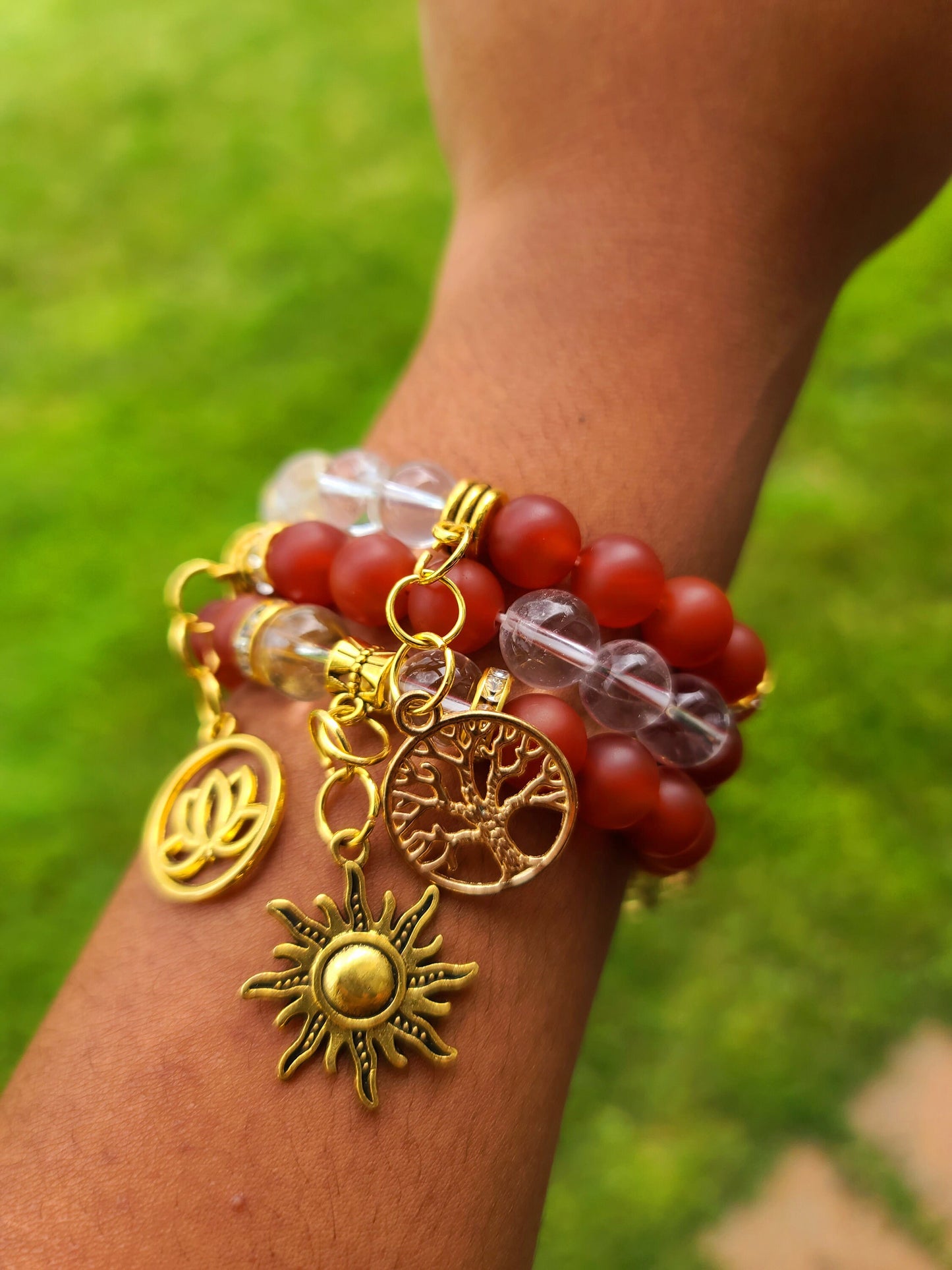 Beaded Bracelet Set Matte Carnelian Glass Gemstones Gold Sunshine Charms Handcrafted Statement Piece Fashion Accessory One Of A Kind