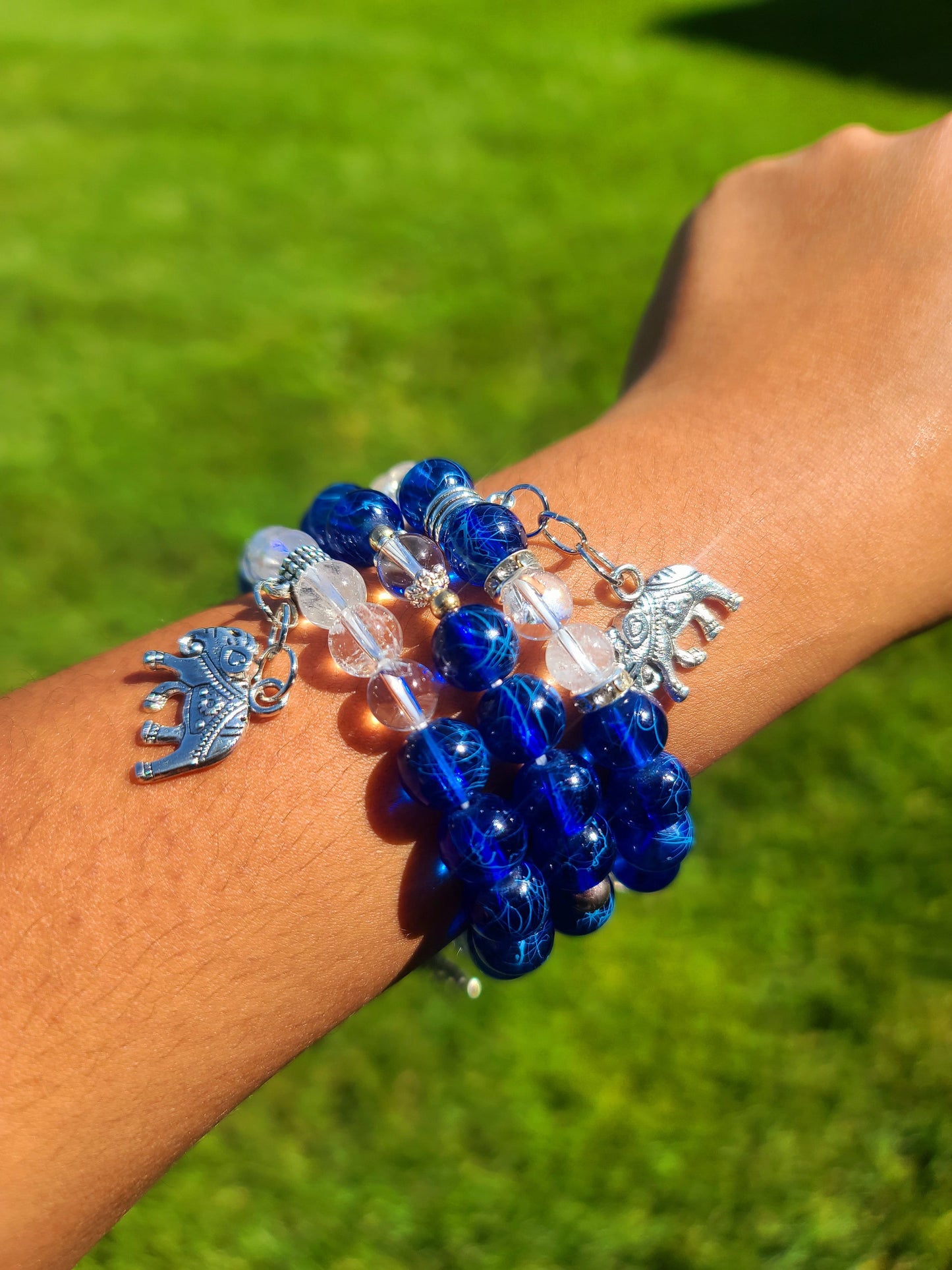 Beaded Bracelet Set Blue Clear Glass Silver Charms For Her Gift