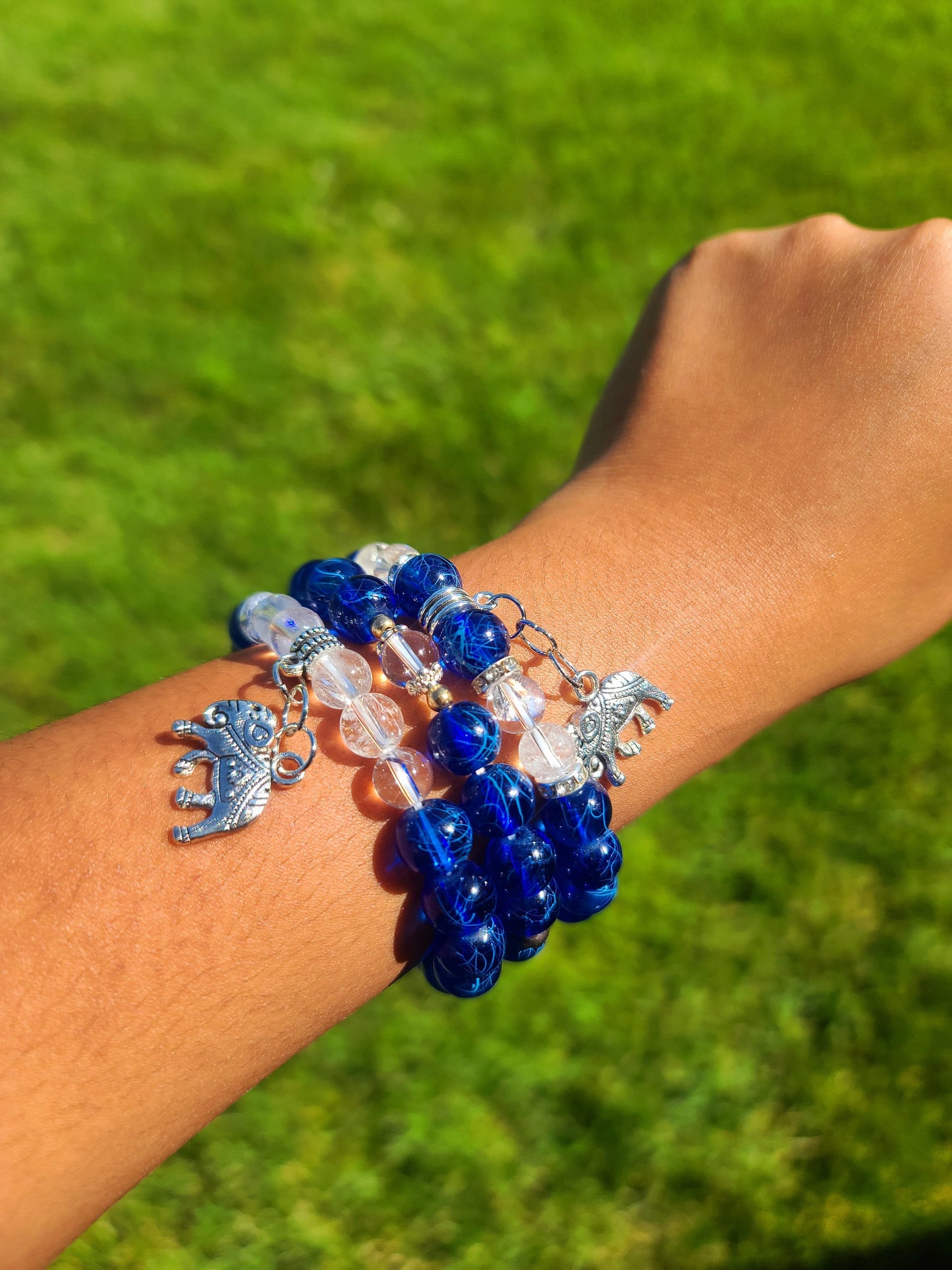 Beaded Bracelet Set Blue Clear Glass Silver Charms For Her Gift