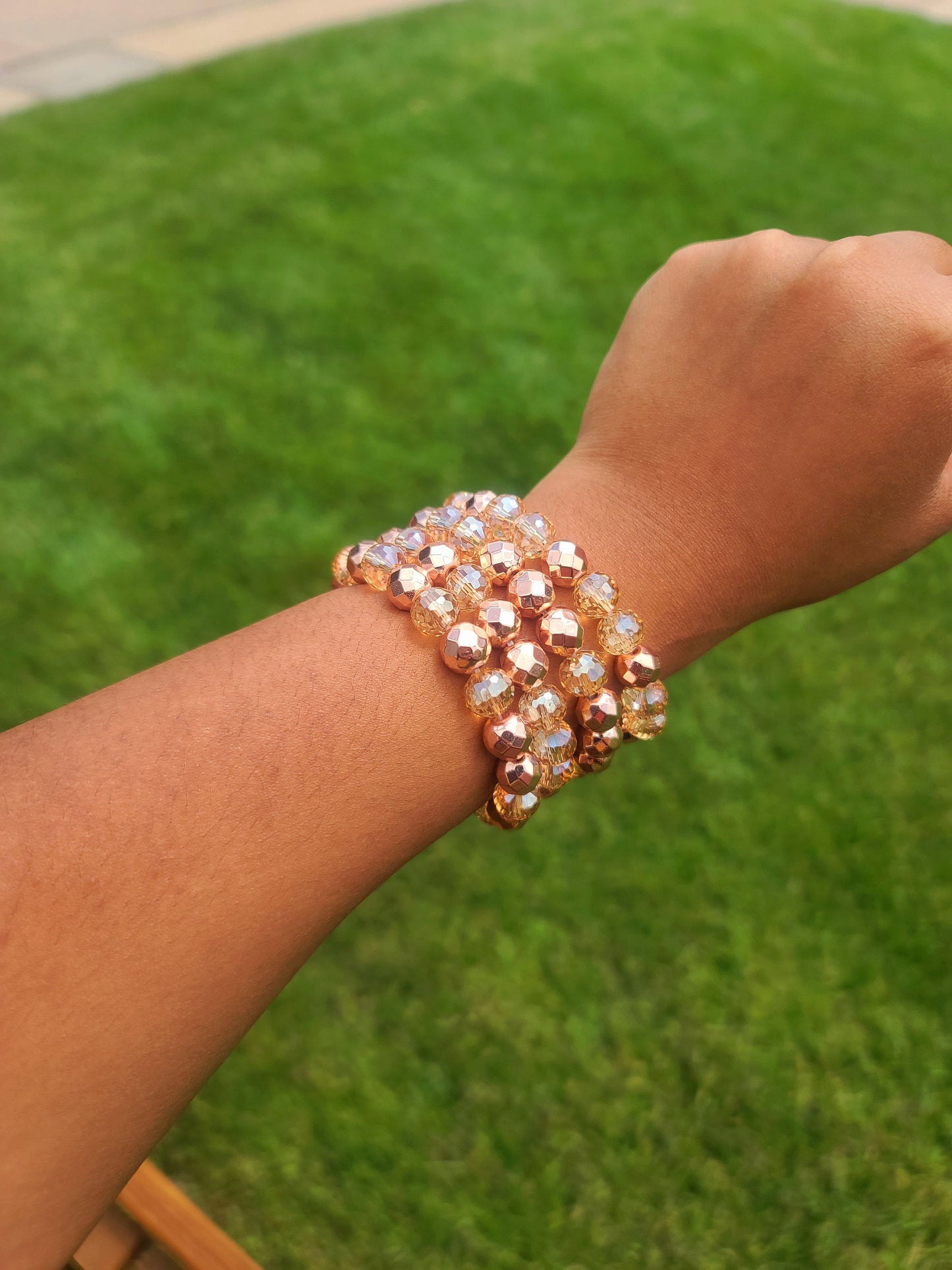 Beaded Bracelet Set Rose Gold Faceted Champagne Plated Glass Sparkling Handcrafted Statement Piece Fashion Accessory One Of A Kind