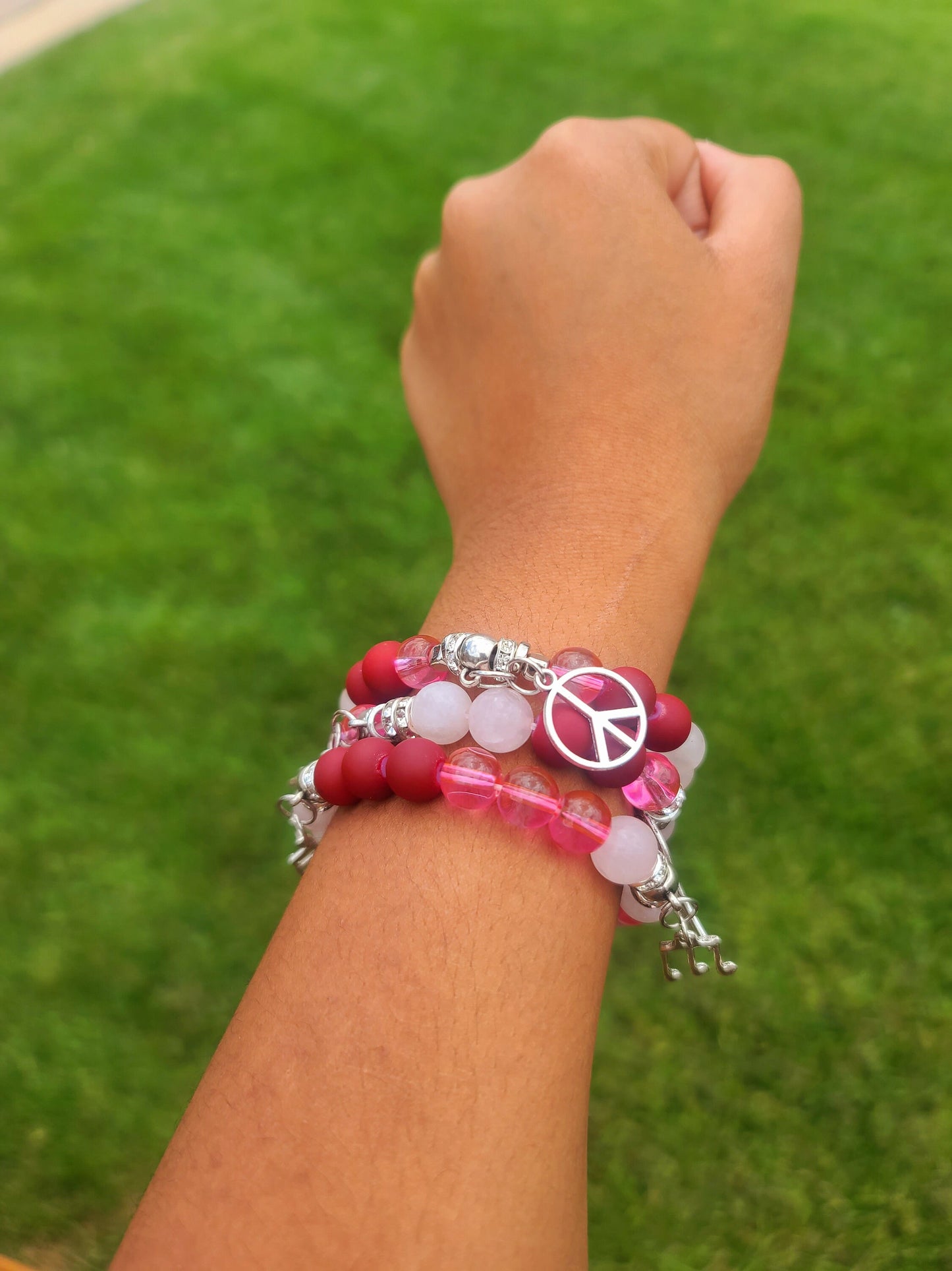 Beaded Bracelet Set Rose Quartz Red Matte Hot Pink Cat- Eye Silver Music Note Charms Gift For Her