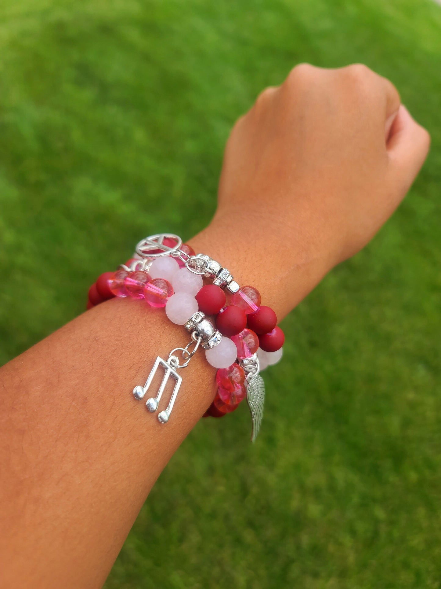 Beaded Bracelet Set Rose Quartz Red Matte Hot Pink Cat- Eye Silver Music Note Charms Gift For Her