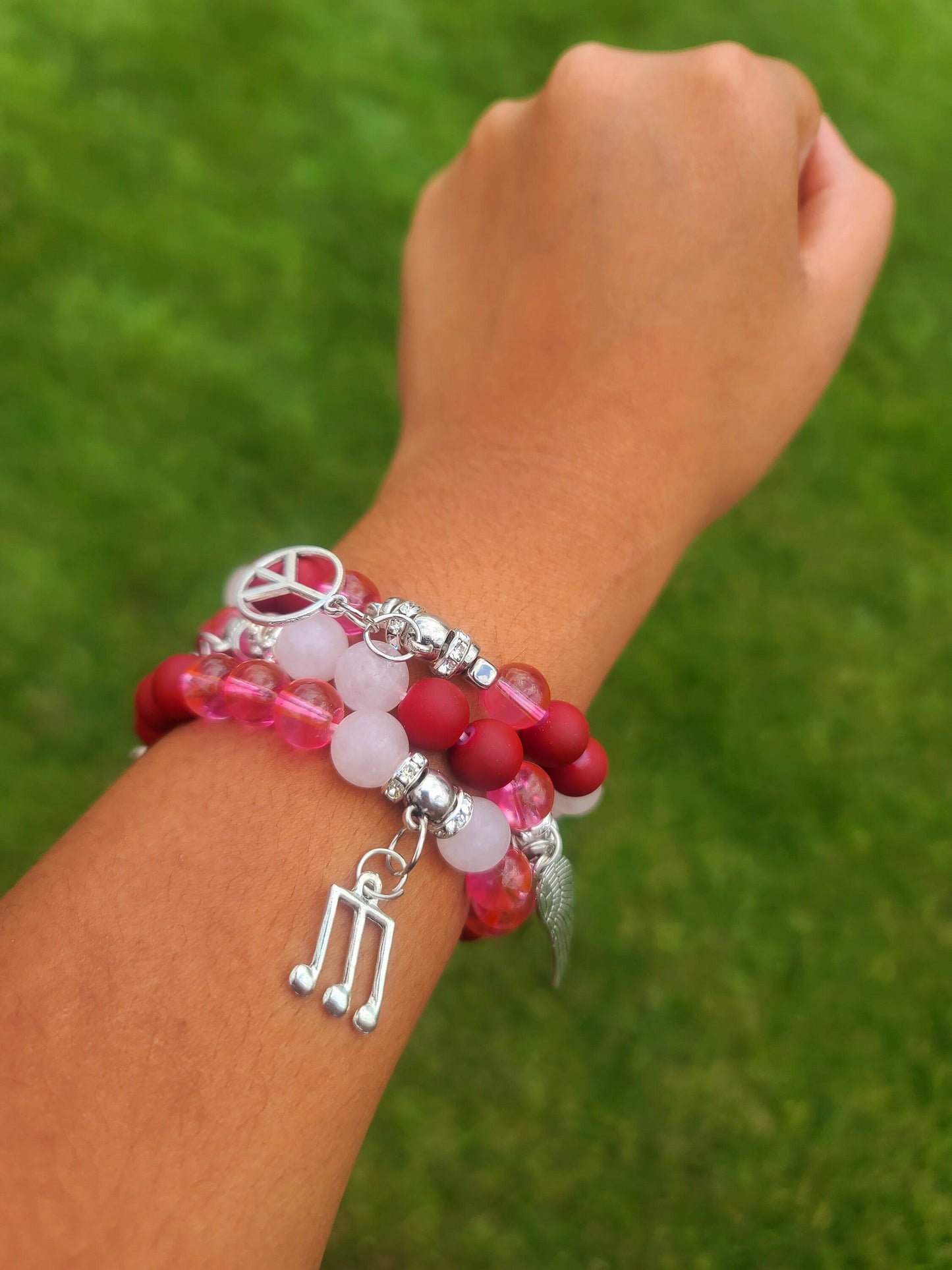 Beaded Bracelet Set Rose Quartz Red Matte Hot Pink Cat- Eye Silver Music Note Charms Gift For Her