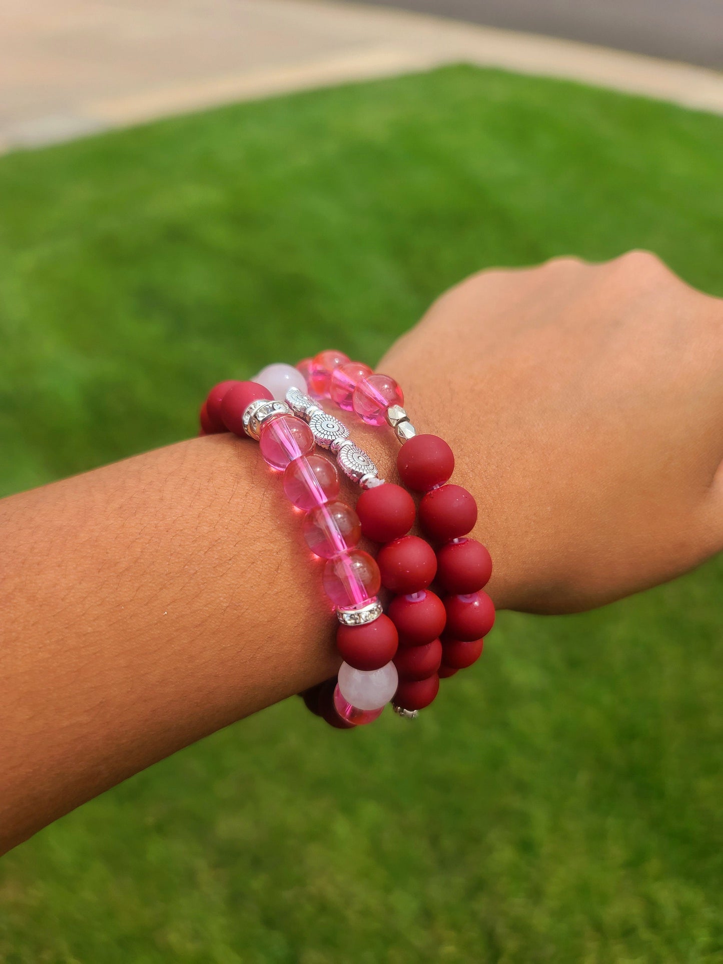 Beaded Bracelet Set Rose Quartz Red Matte Hot Pink Cat- Eye Beaded Bracelet Handcrafted One Of A Kind Fashion Accessory