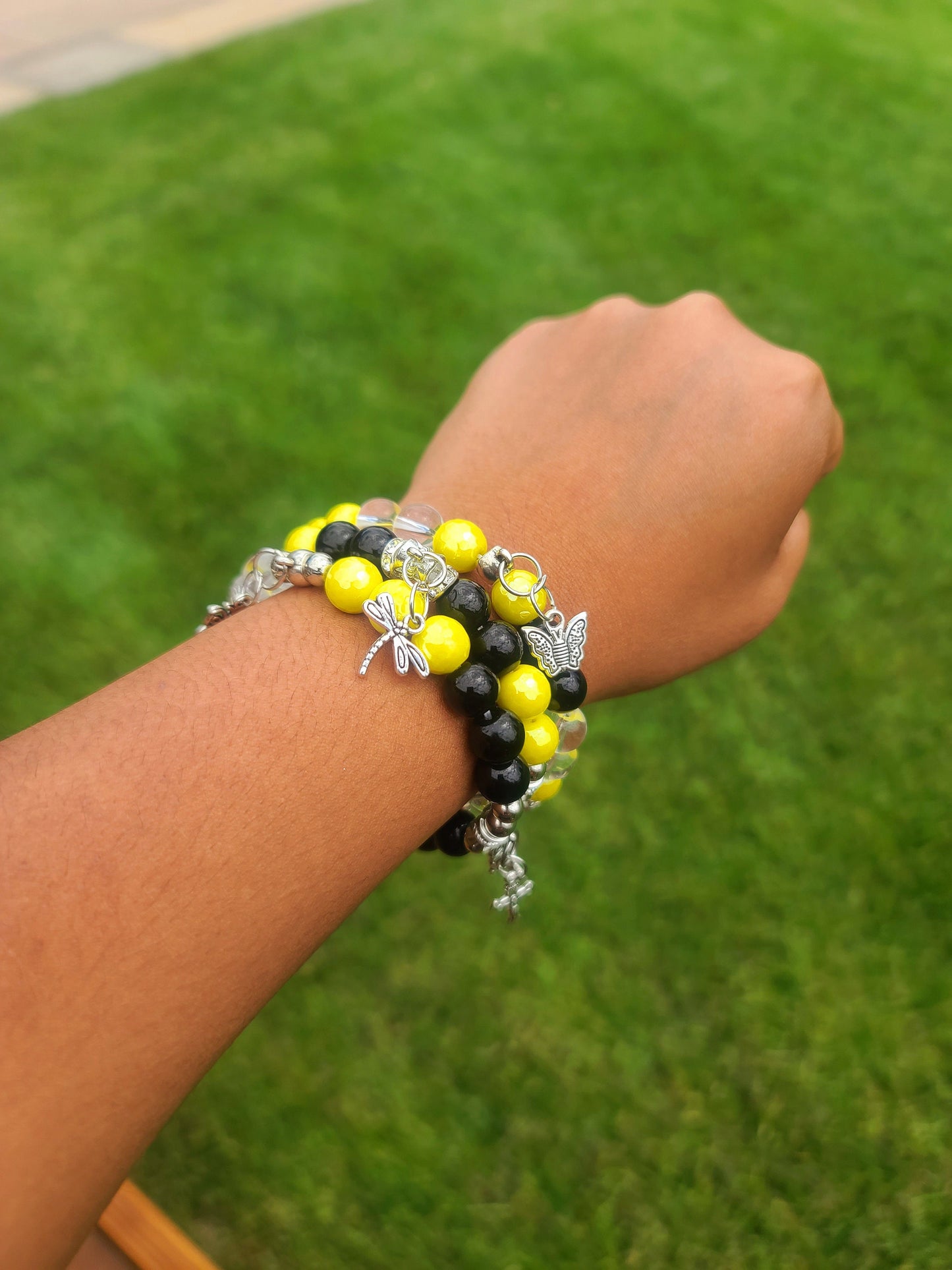 Beaded Bracelet Yellow Plated Agate Black Obsidian Gemstones Clear Glass Silver Dragonfly Butterfly Charms Gift For Her