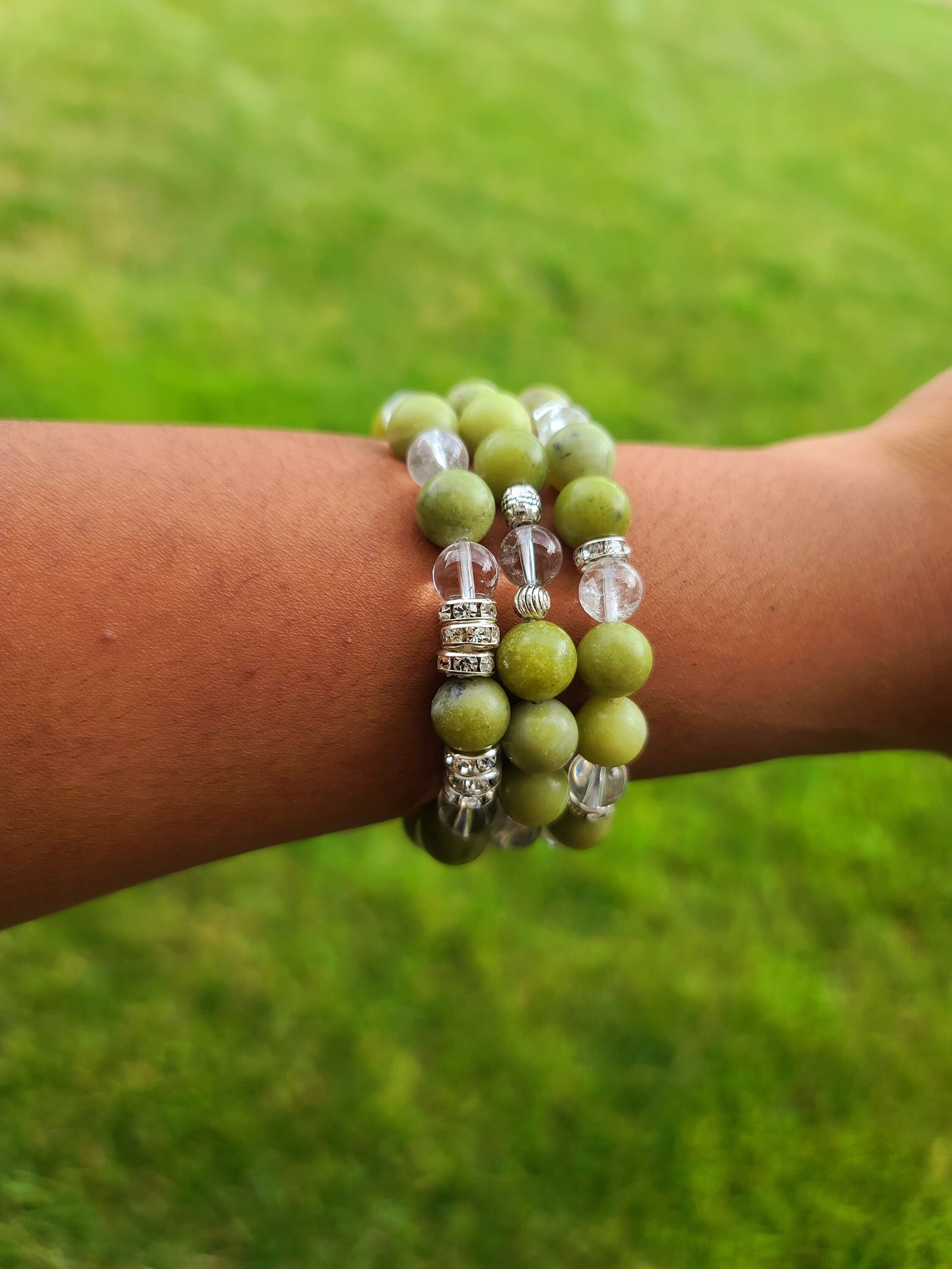 Beaded Bracelet Set Jade Clear Quartz Fashion Accessory Silver Spacers Elegant One-Of-A-Kind