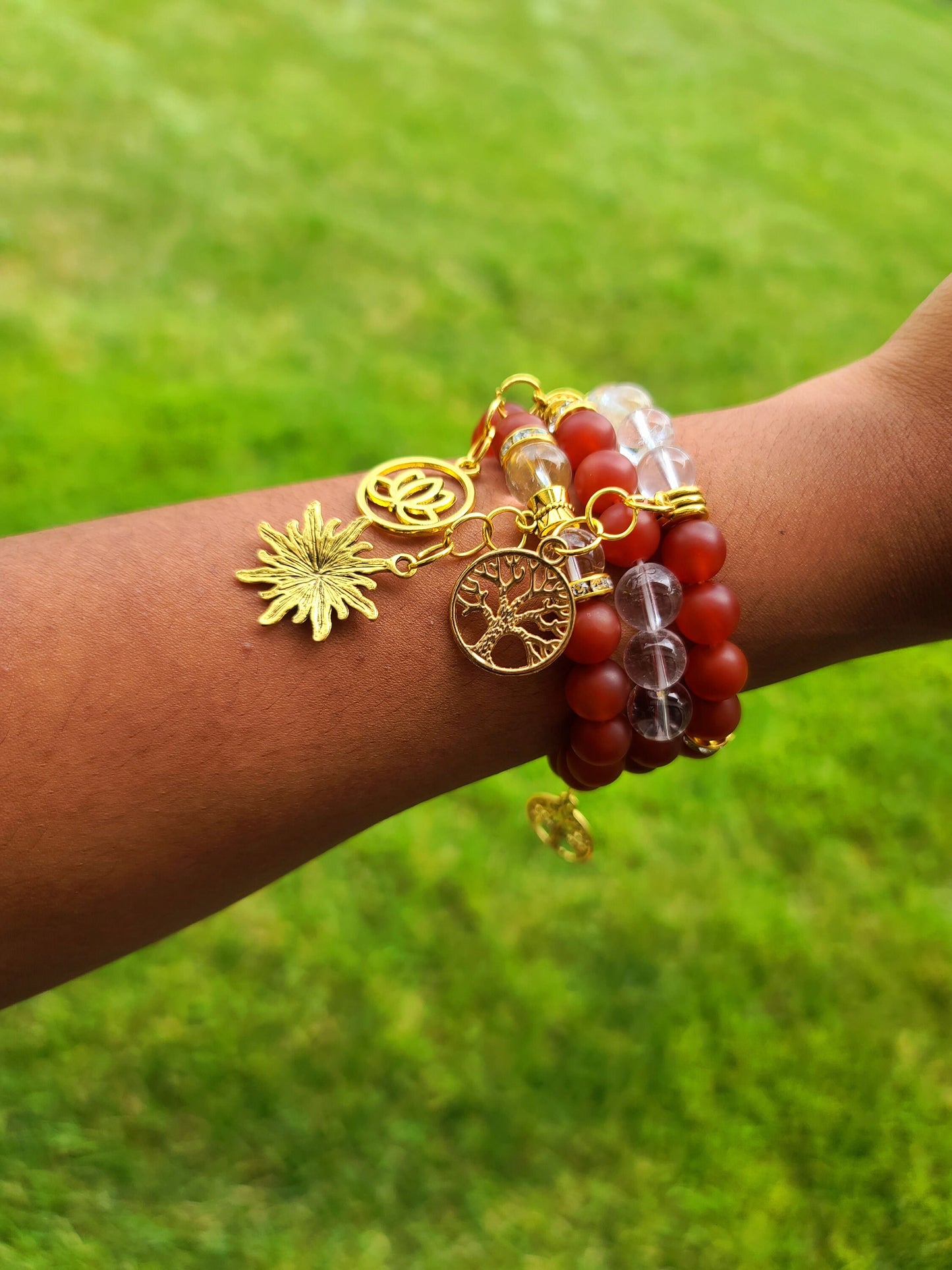 Beaded Bracelet Set Matte Carnelian Glass Gemstones Gold Sunshine Charms Handcrafted Statement Piece Fashion Accessory One Of A Kind