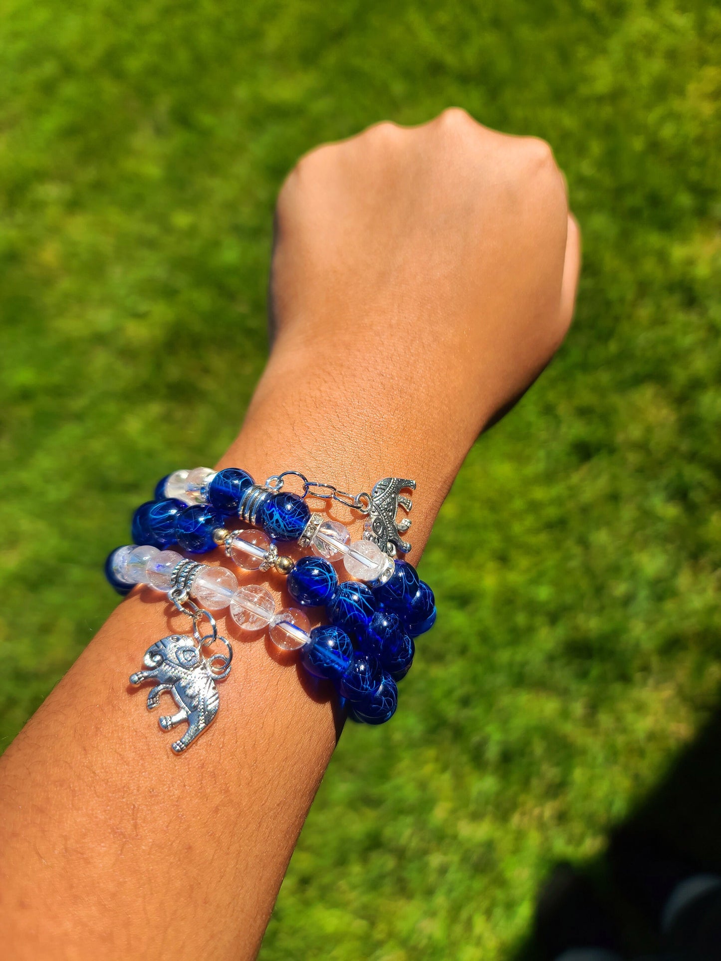 Beaded Bracelet Set Blue Clear Glass Silver Charms For Her Gift