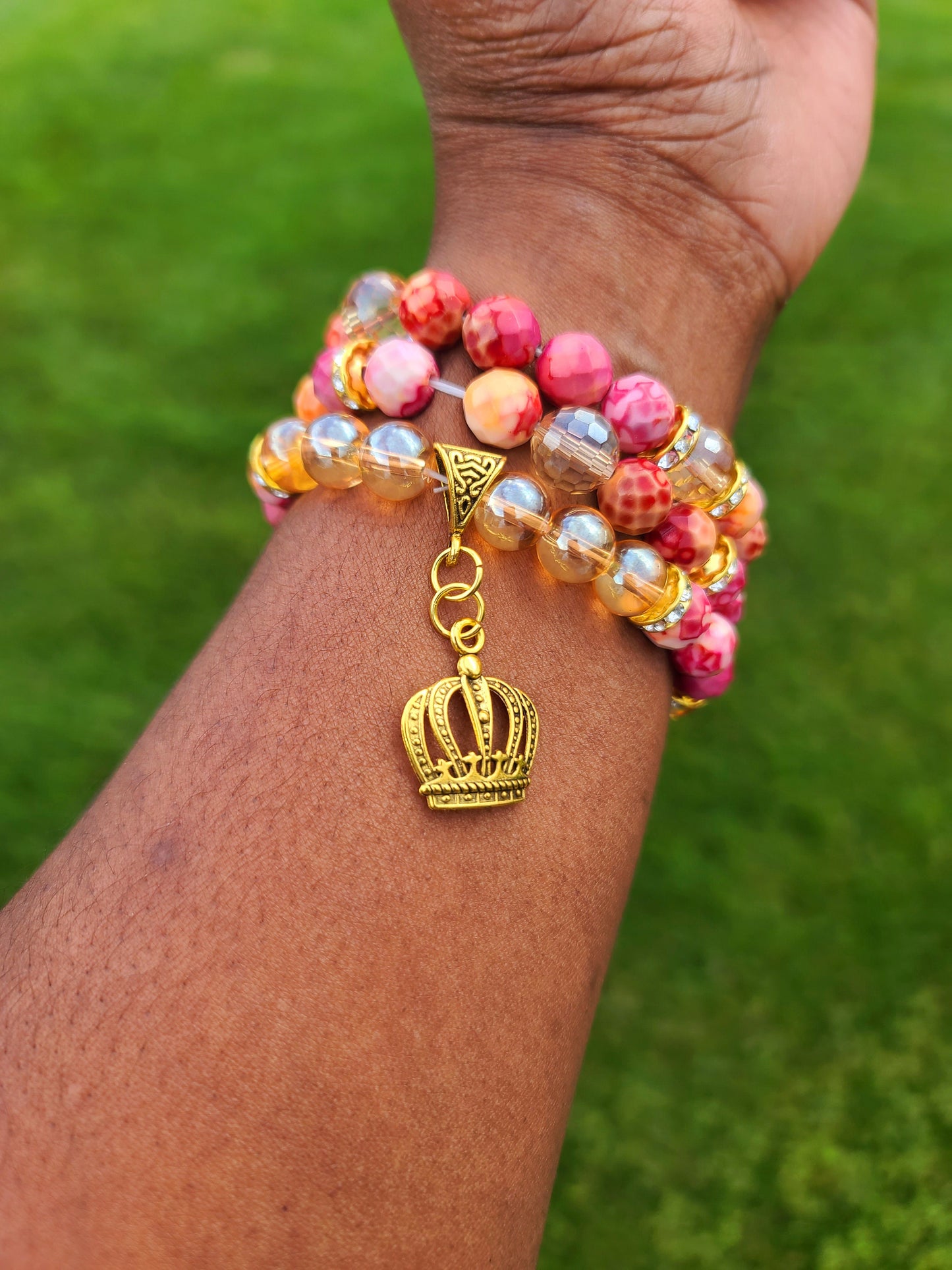 Beaded Bracelet Set Pink Red Orange Faceted Jade Gemstone Gold Charms Crown