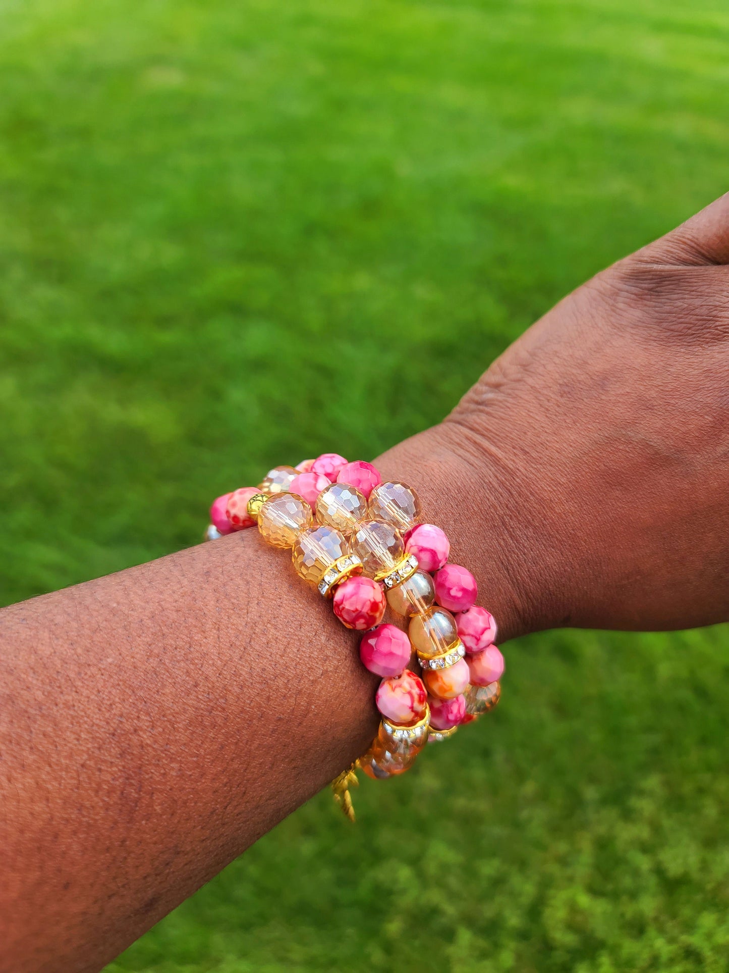 Beaded Bracelet Set Pink Red Orange Faceted Jade Gemstone Gold Charms Crown