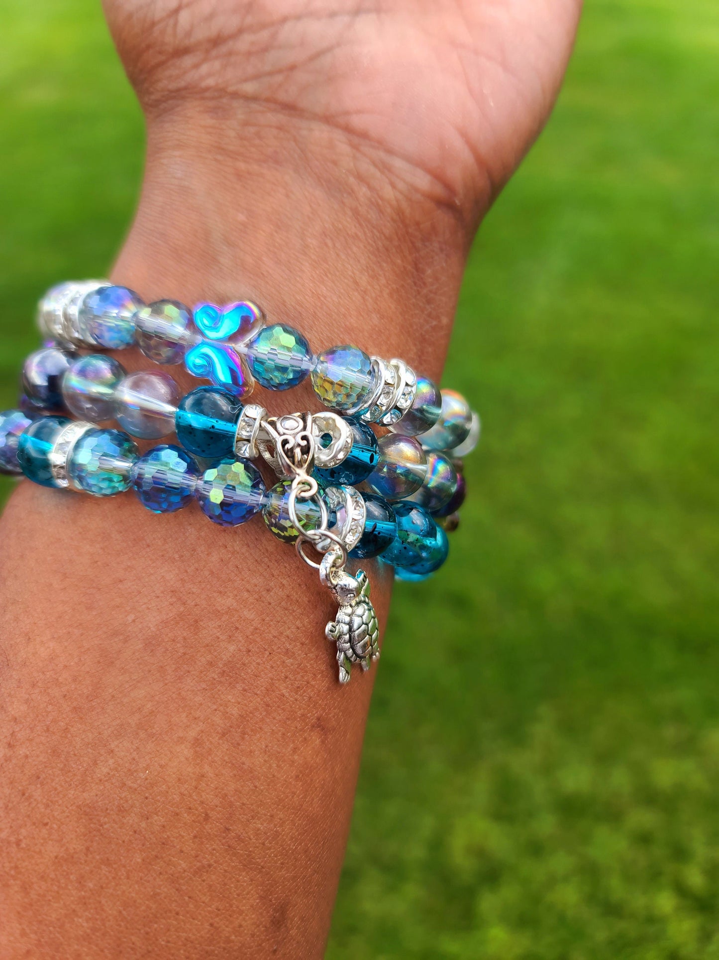 Beaded Bracelet Set Blue Glass Beads Dark Iridescent Metallic Plated Round Silver Charms Turtle