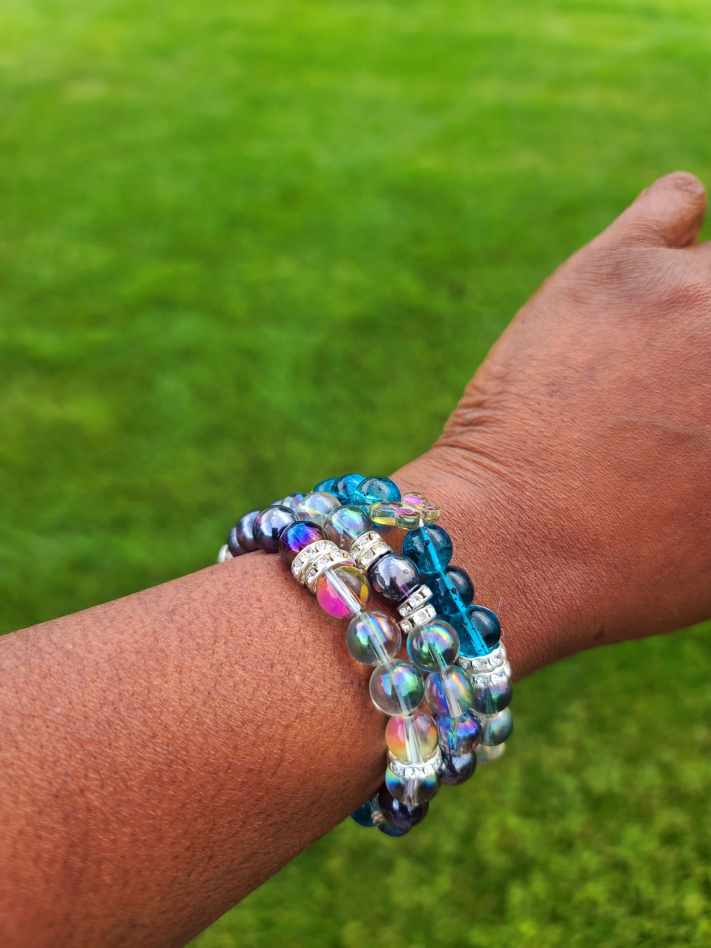Beaded Bracelet Set Blue Glass Beads Dark Iridescent Metallic Plated Round Silver Charms Turtle