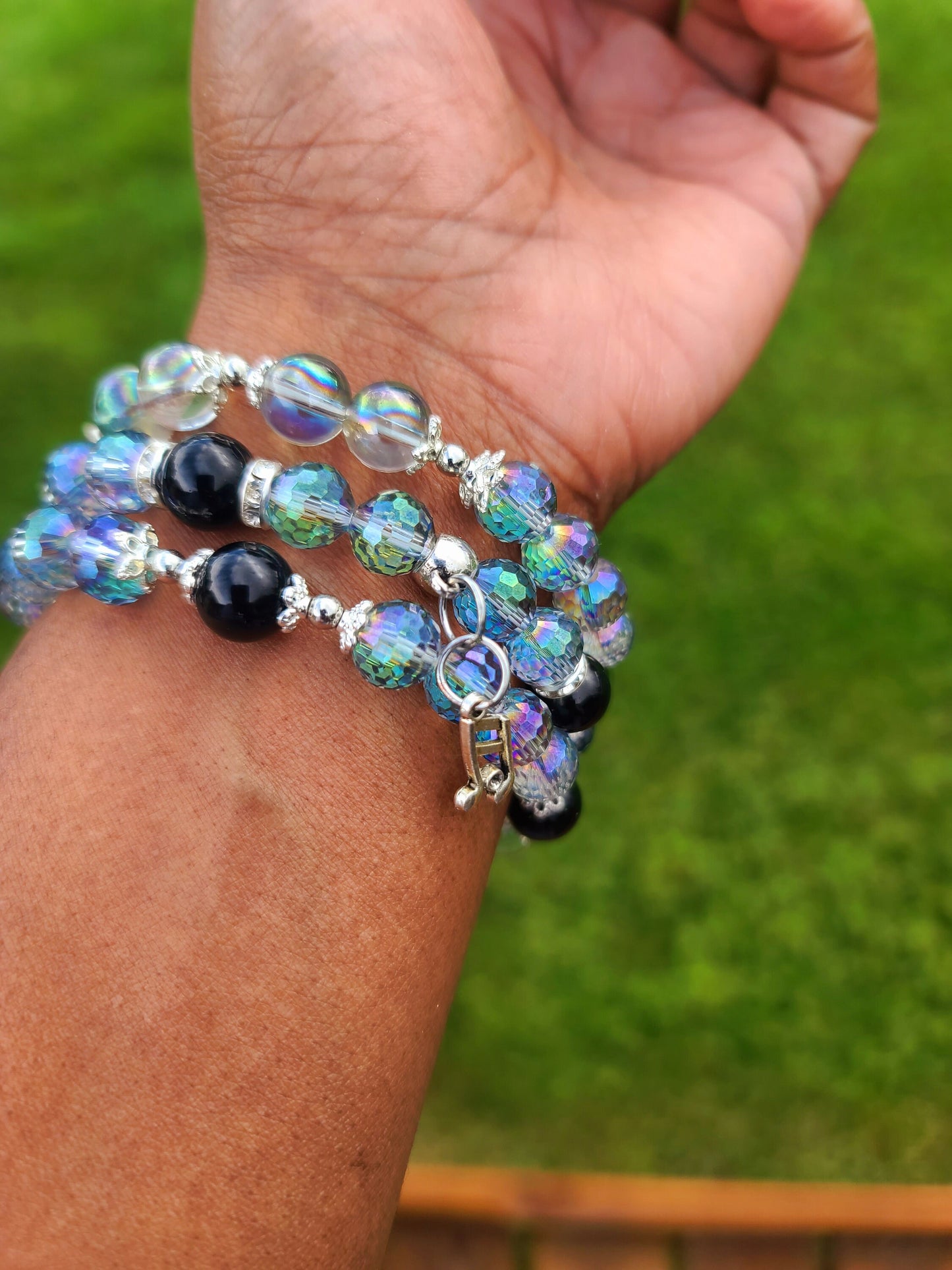 Beaded Bracelet Set Dark Iridescent Metallic Plated Round Beads Black Obsidian Crystal Gemstones.