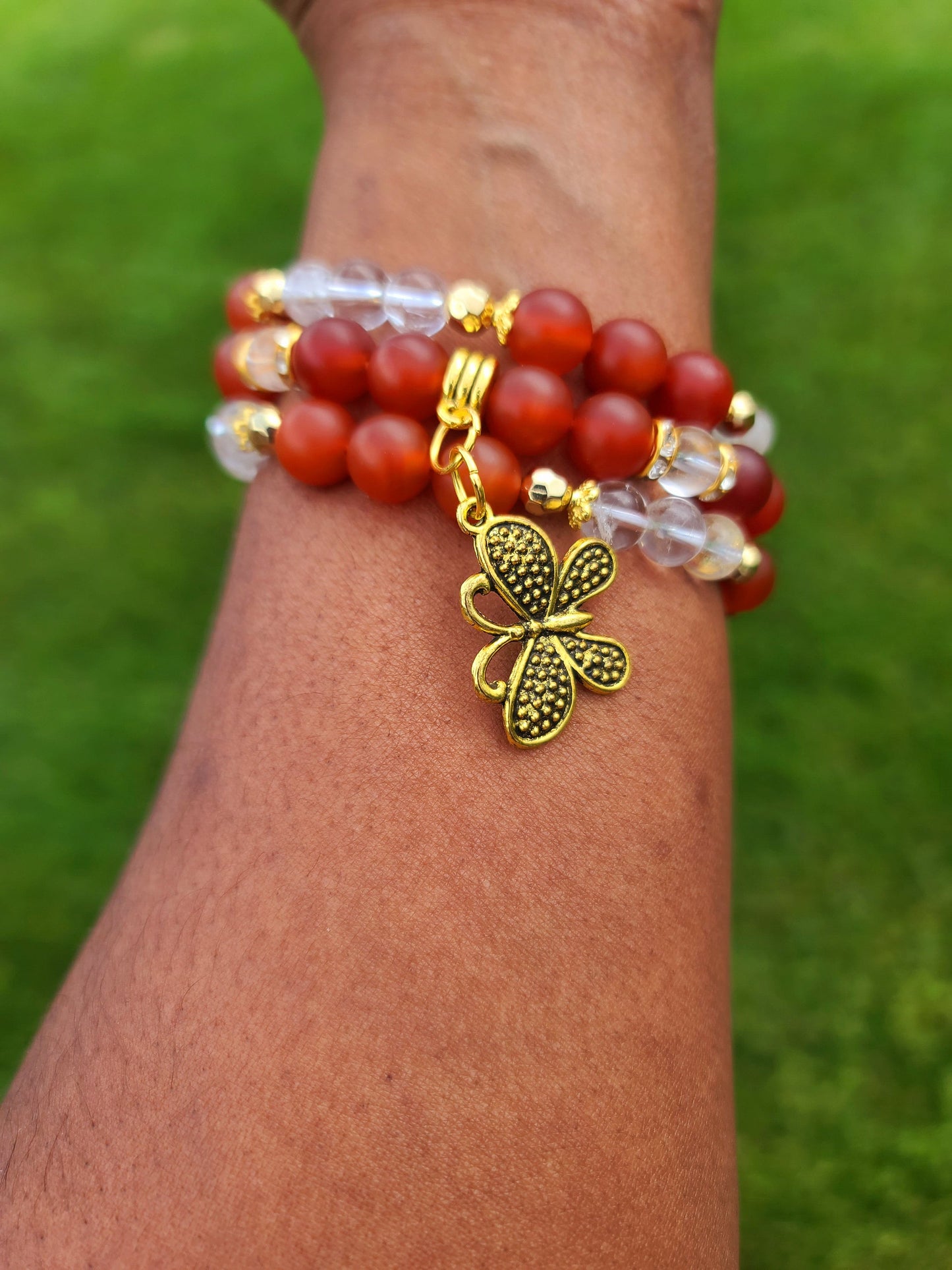 Beaded Bracelet Set Matte Carnelian Glass Gemstones Gold Butterfly Charm Handcrafted Statement Piece Fashion Accessory One Of A Kind