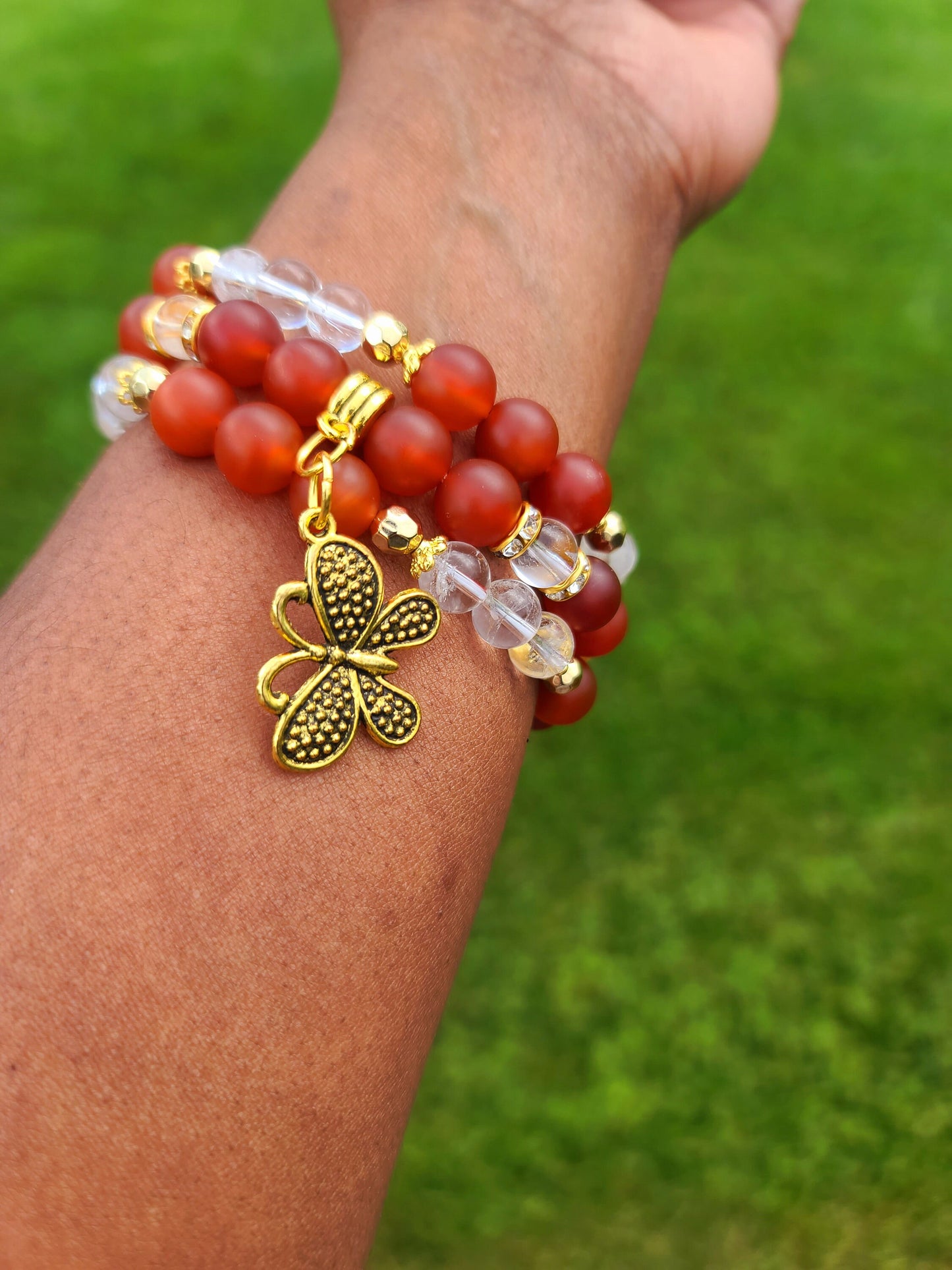 Beaded Bracelet Set Matte Carnelian Glass Gemstones Gold Butterfly Charm Handcrafted Statement Piece Fashion Accessory One Of A Kind