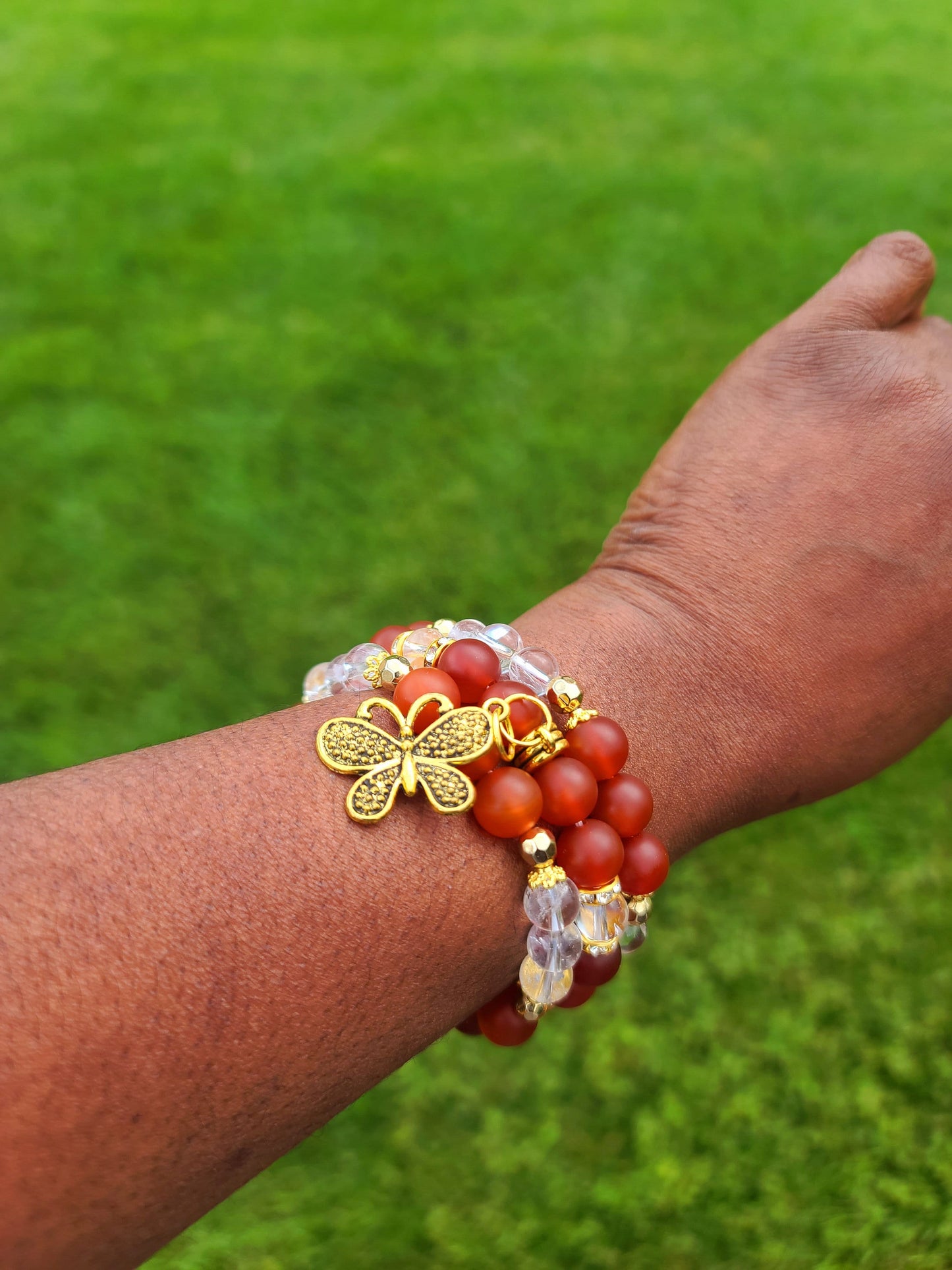 Beaded Bracelet Set Matte Carnelian Glass Gemstones Gold Butterfly Charm Handcrafted Statement Piece Fashion Accessory One Of A Kind