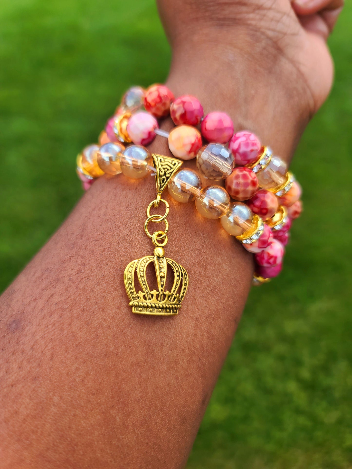 Beaded Bracelet Set Pink Red Orange Faceted Jade Gemstone Gold Charms Crown