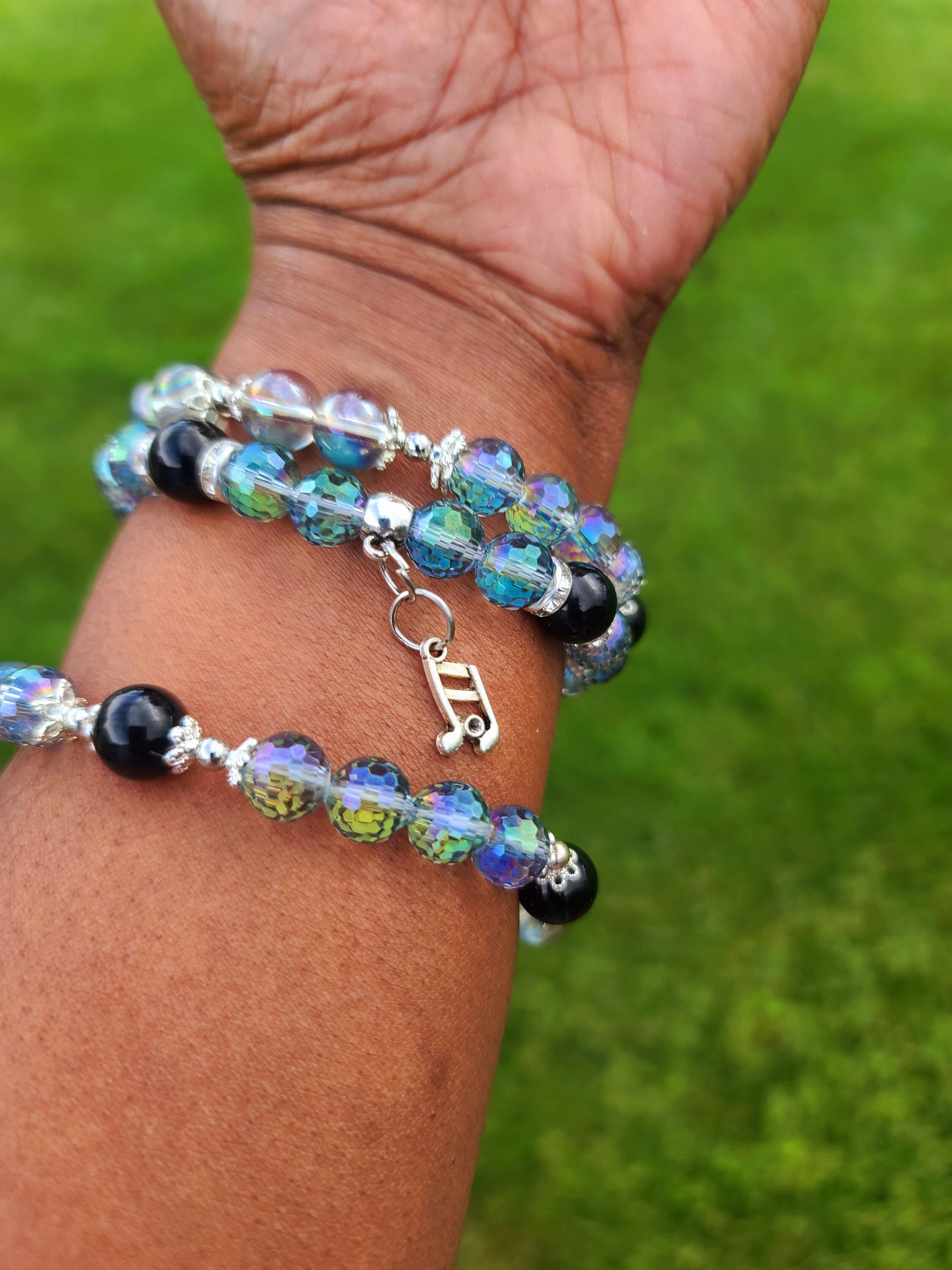 Beaded Bracelet Set Dark Iridescent Metallic Plated Round Beads Black Obsidian Crystal Gemstones.