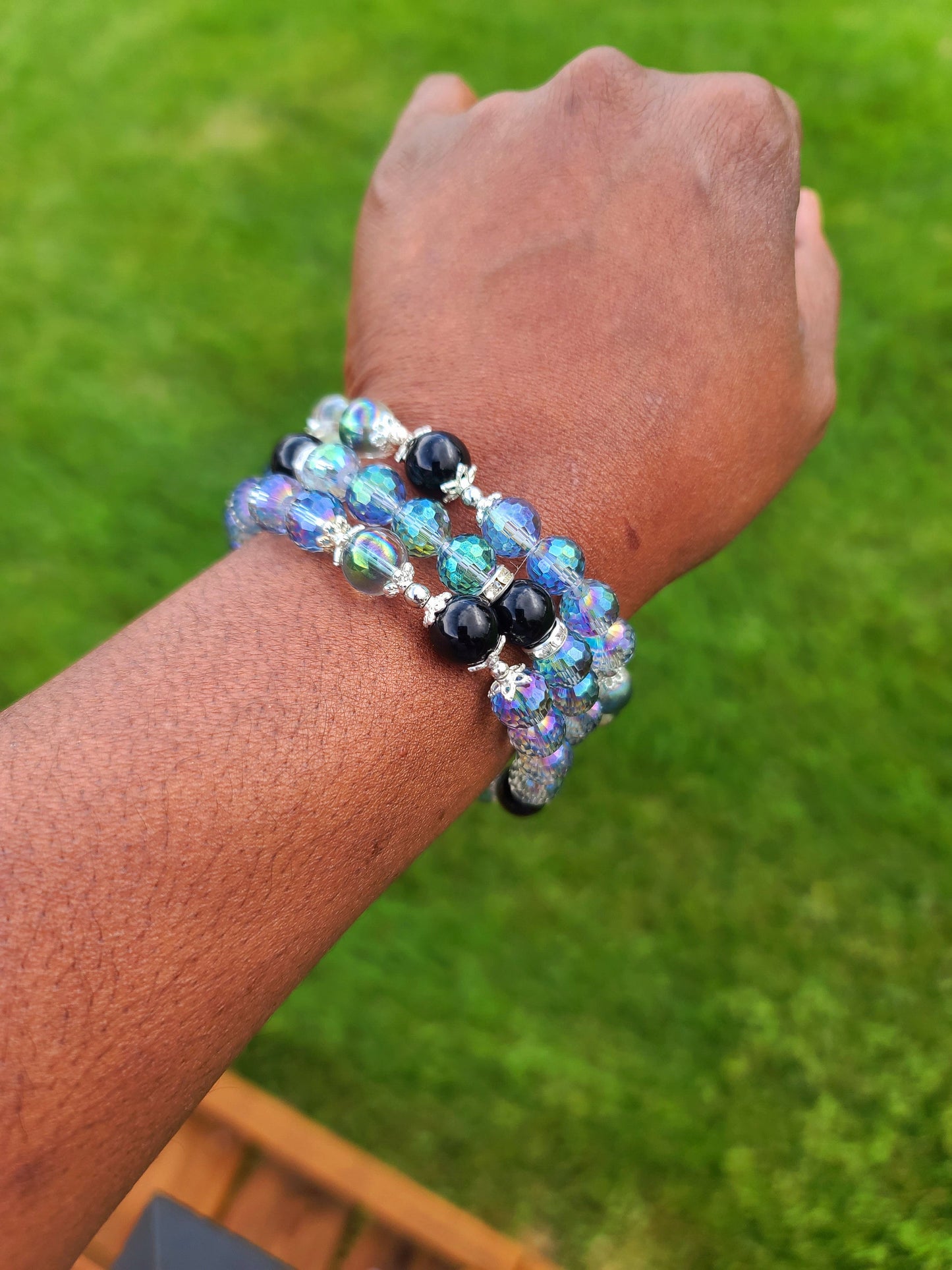 Beaded Bracelet Set Dark Iridescent Metallic Plated Round Beads Black Obsidian Crystal Gemstones.
