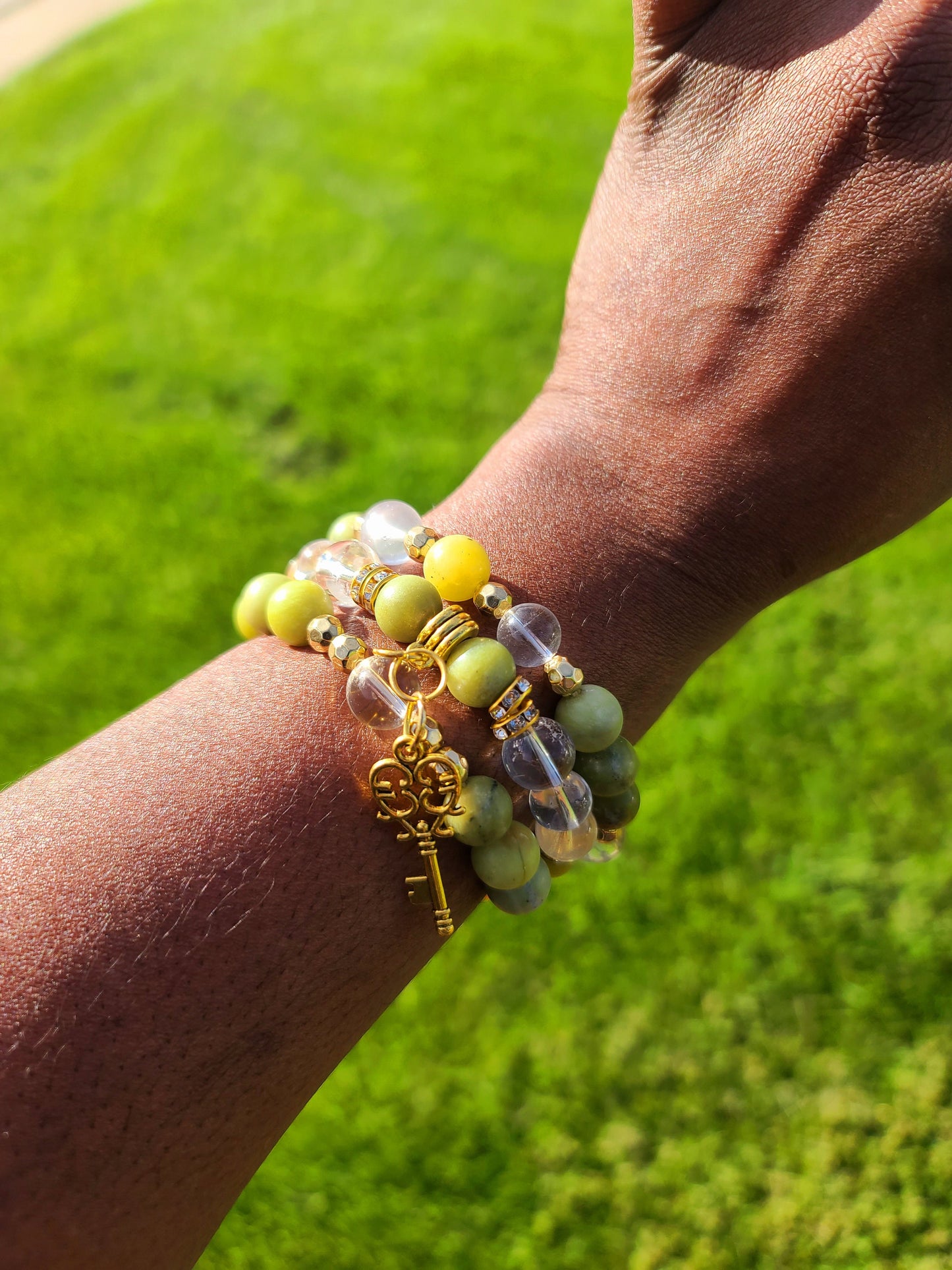 Beaded Bracelet Set Green Jade and Clear Quartz Fashion Accessory Statement Piece with Gold Key Charm