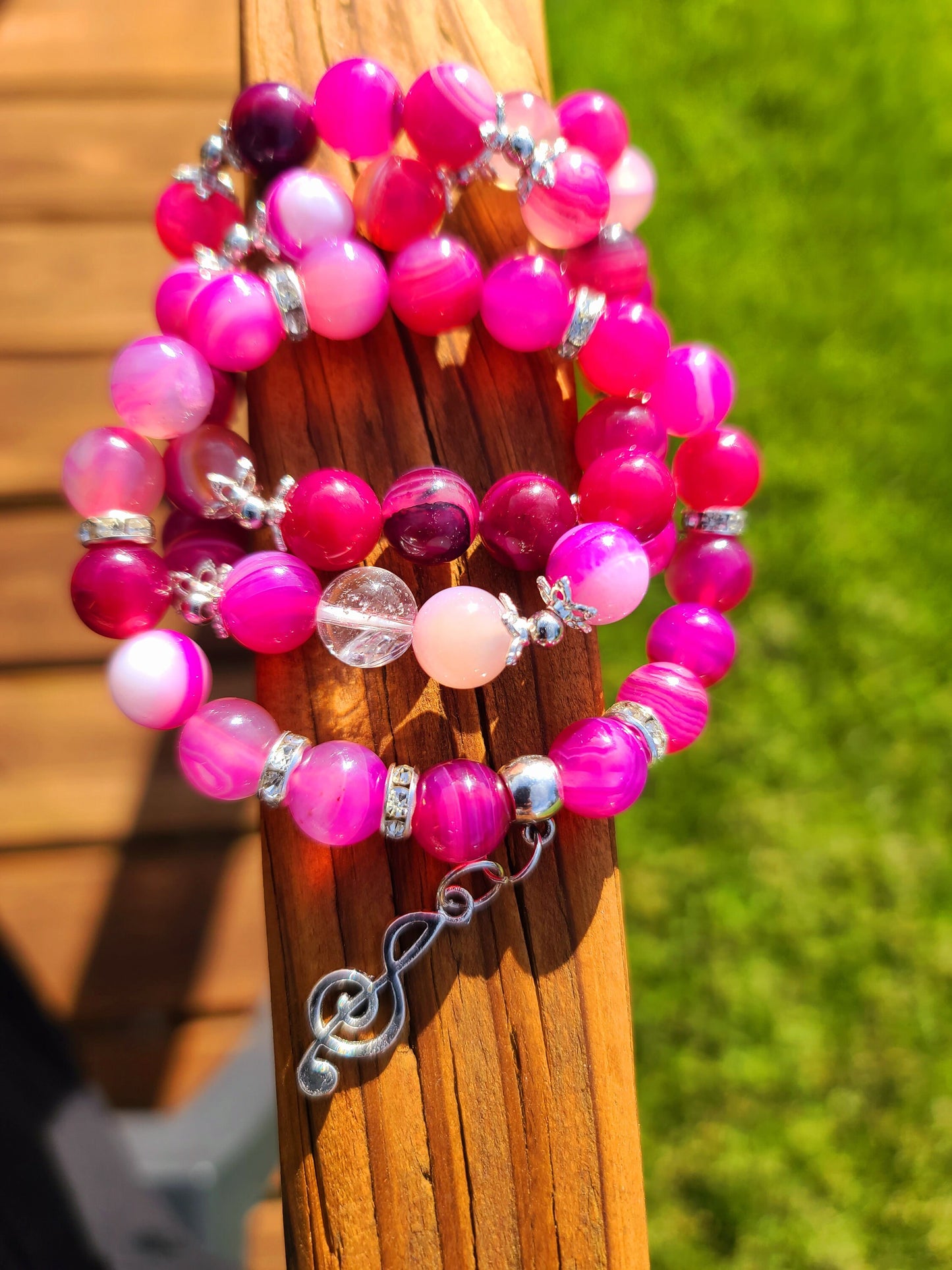 Beaded Bracelet Set Rose Pink Agate with Silver Music Charm Fashion Accessory One-Of-A-Kind Statement Piece