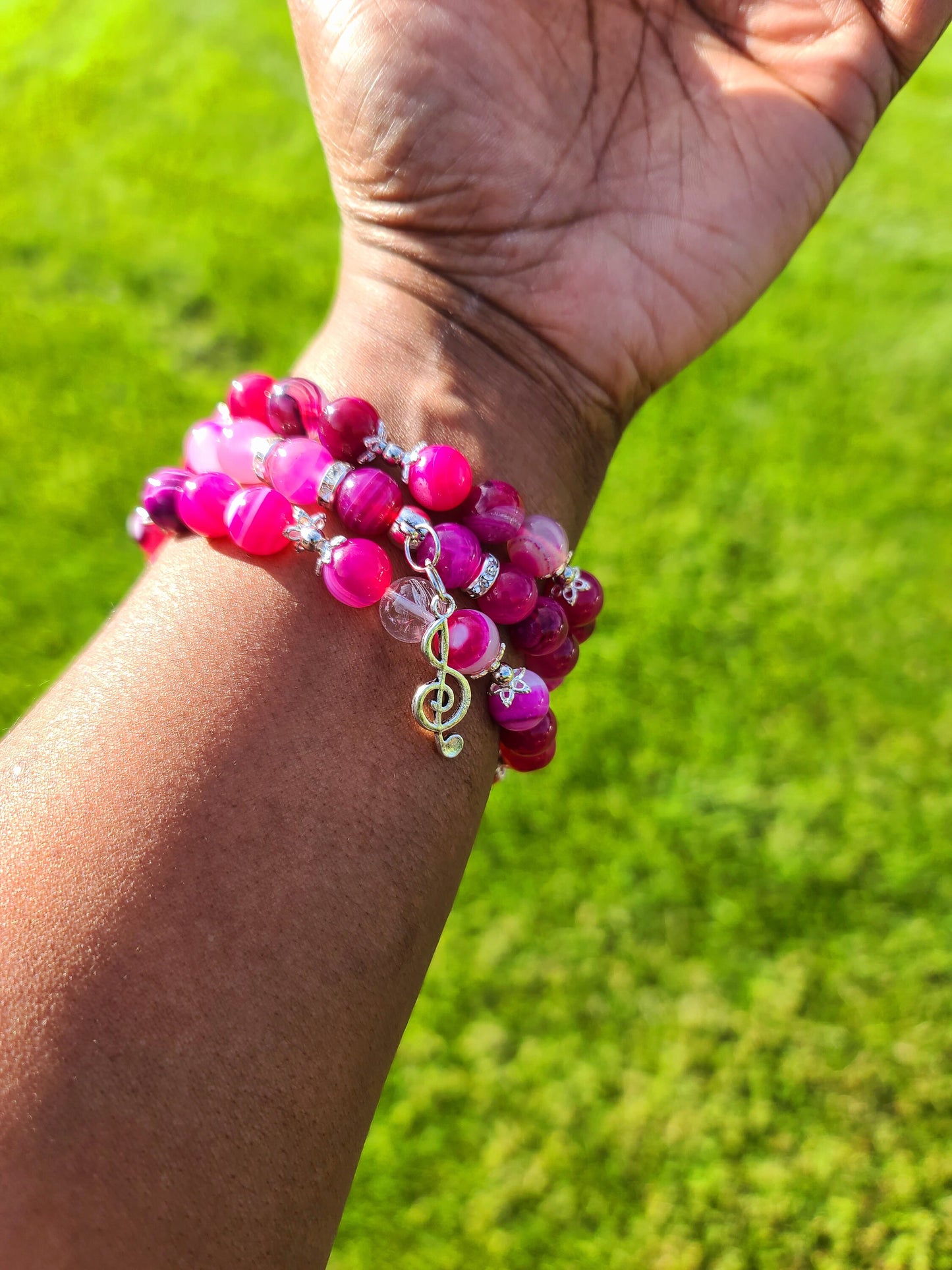 Beaded Bracelet Set Rose Pink Agate with Silver Music Charm Fashion Accessory One-Of-A-Kind Statement Piece