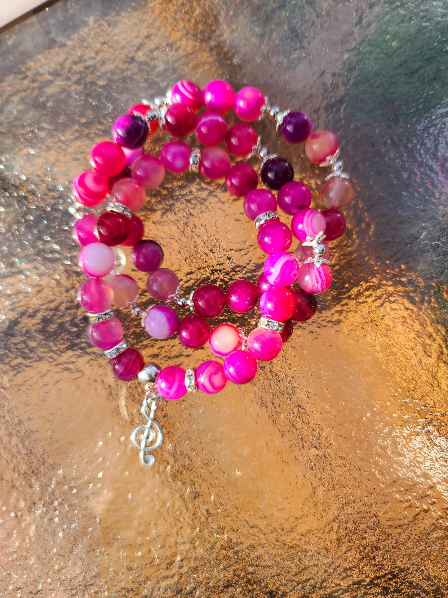Beaded Bracelet Set Rose Pink Agate with Silver Music Charm Fashion Accessory One-Of-A-Kind Statement Piece