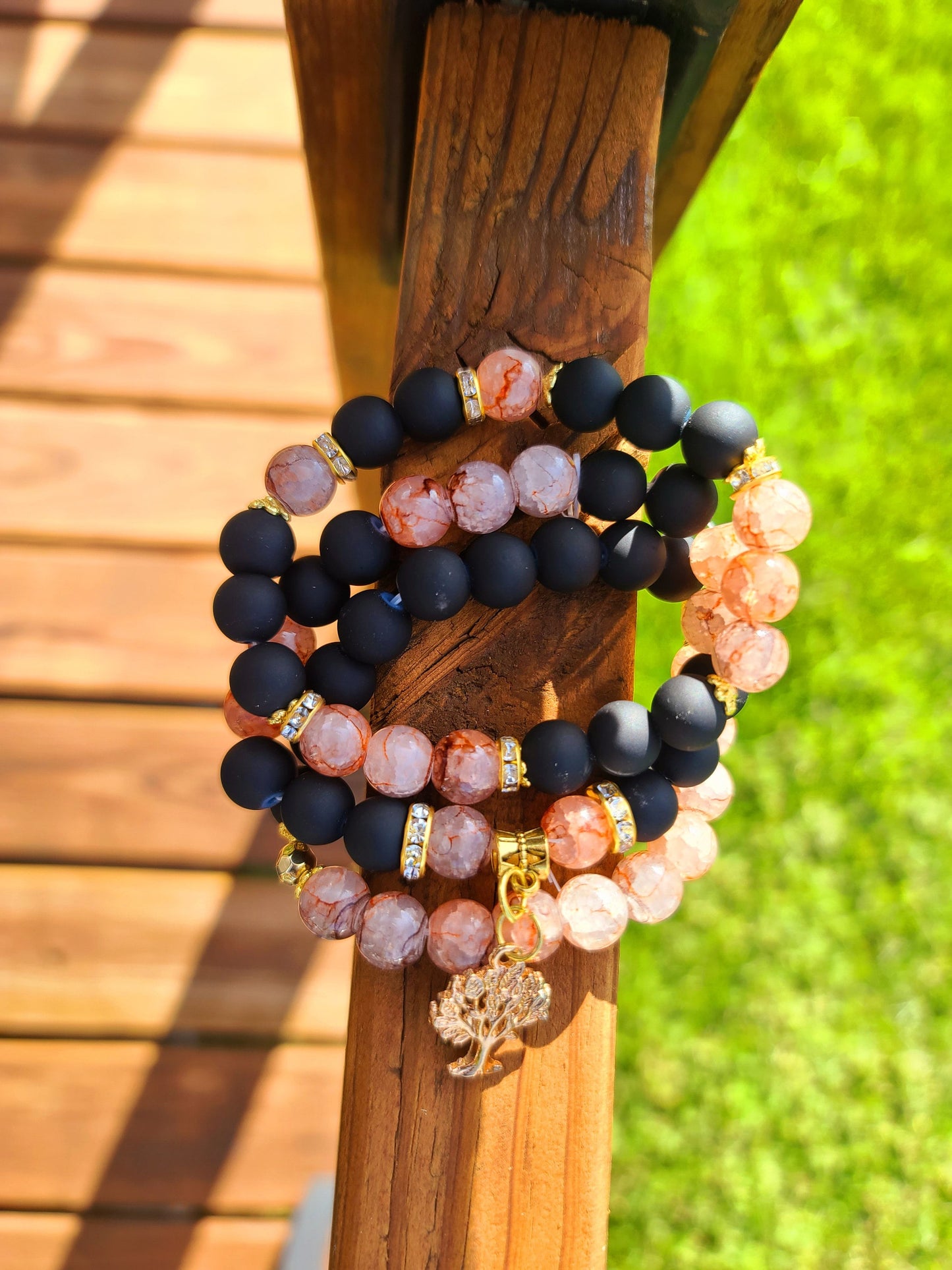 Beaded Bracelet Set Black Matte and Salmon Crackle Glass Beads Gold Tree Charm Fashion Accessory One-Of-A-Kind For Her Gift
