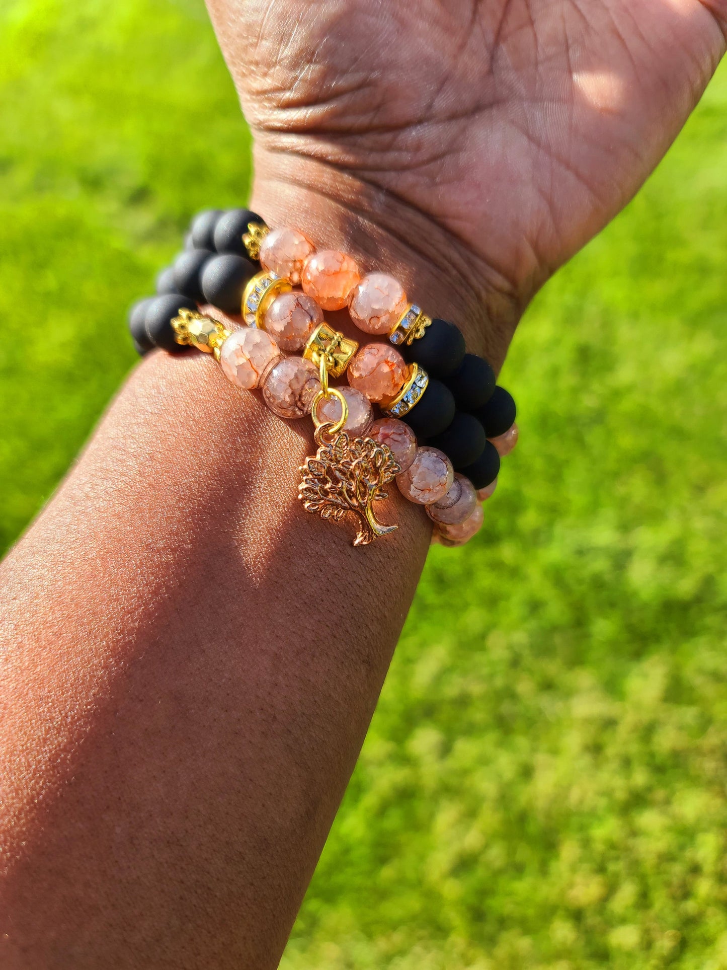 Beaded Bracelet Set Black Matte and Salmon Crackle Glass Beads Gold Tree Charm Fashion Accessory One-Of-A-Kind For Her Gift