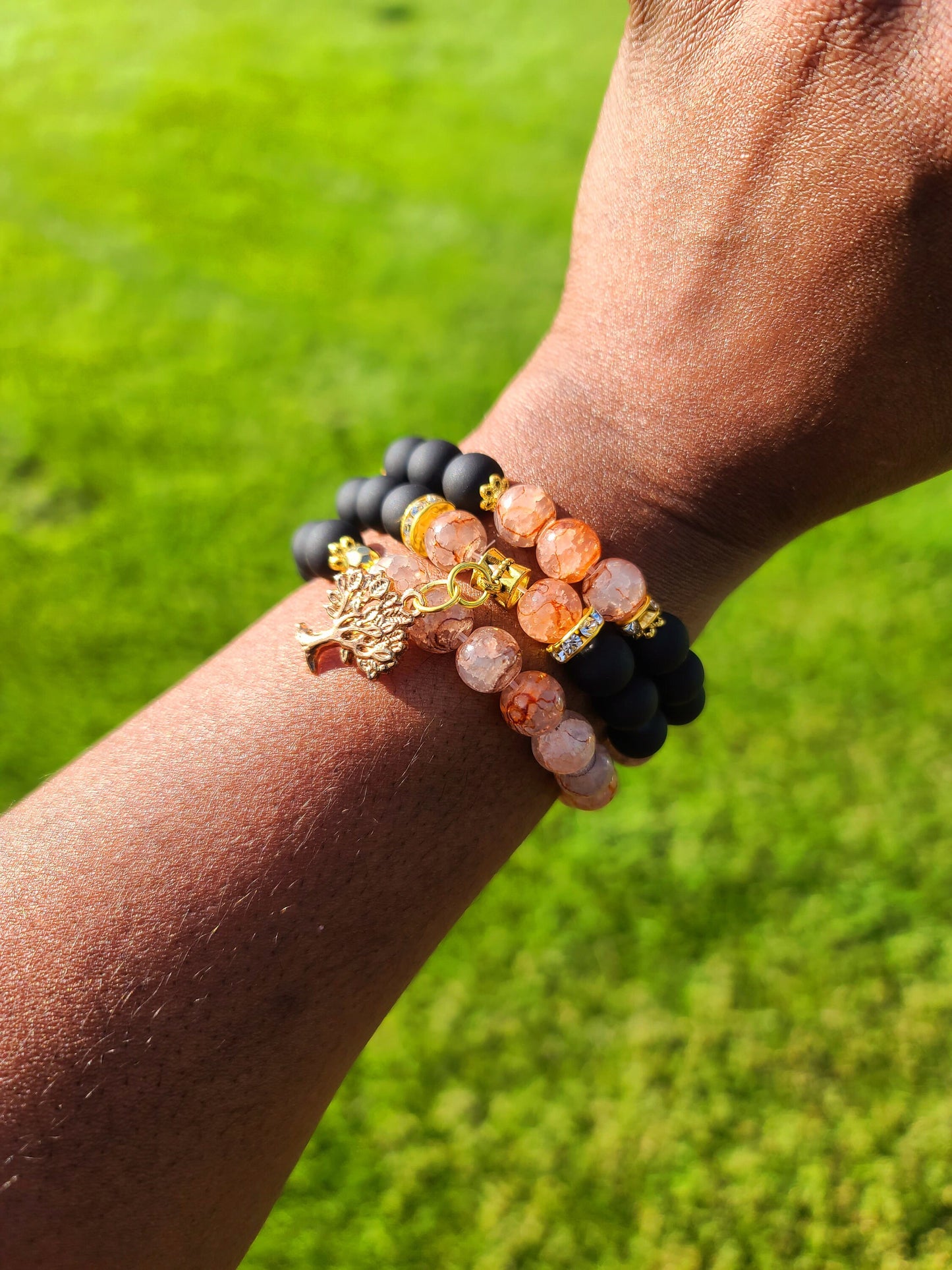 Beaded Bracelet Set Black Matte and Salmon Crackle Glass Beads Gold Tree Charm Fashion Accessory One-Of-A-Kind For Her Gift