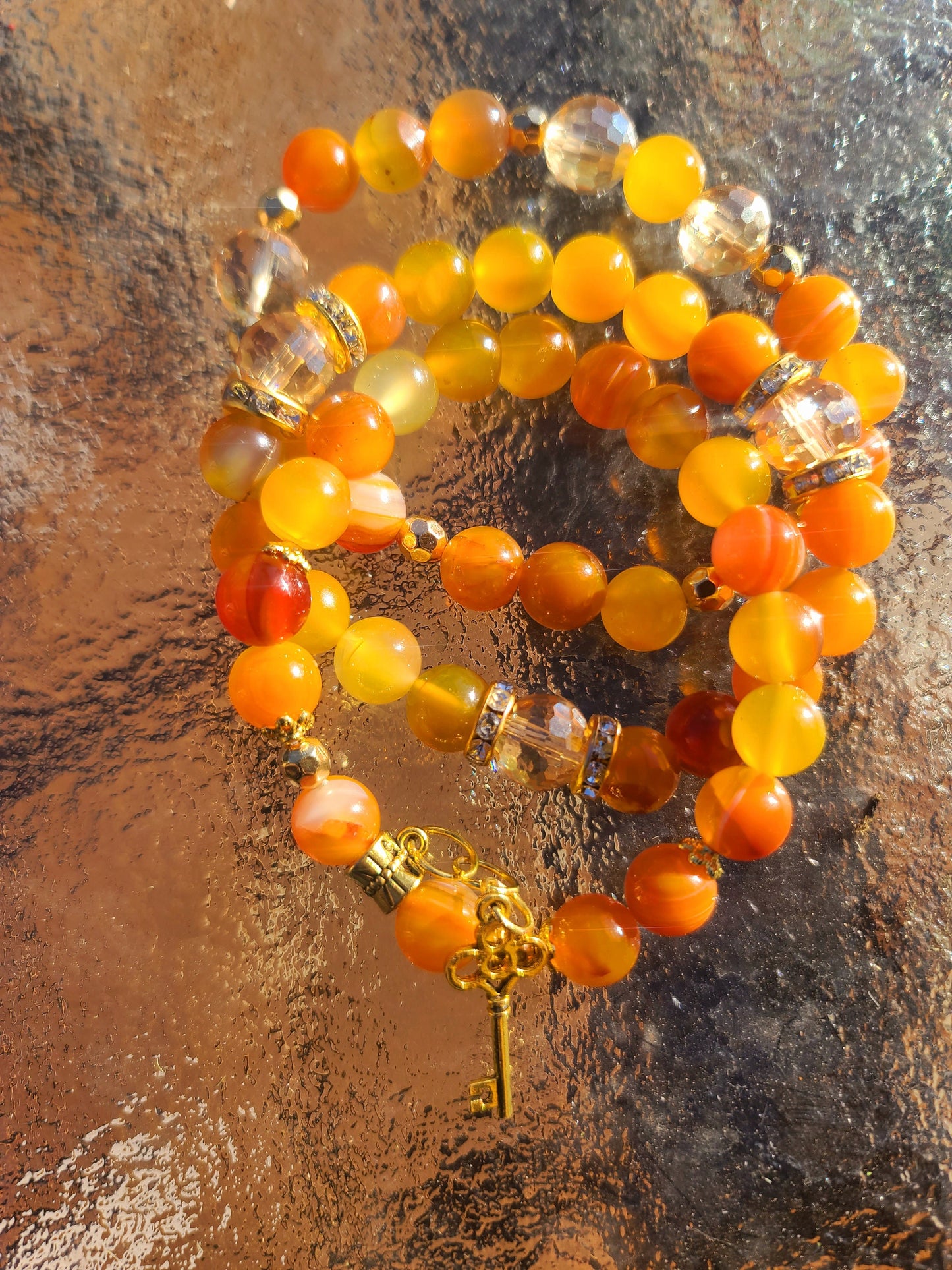 Beaded Bracelet Set Orange Banded Round Agate Gold Key Charm Fashion Accessory Gift For Her