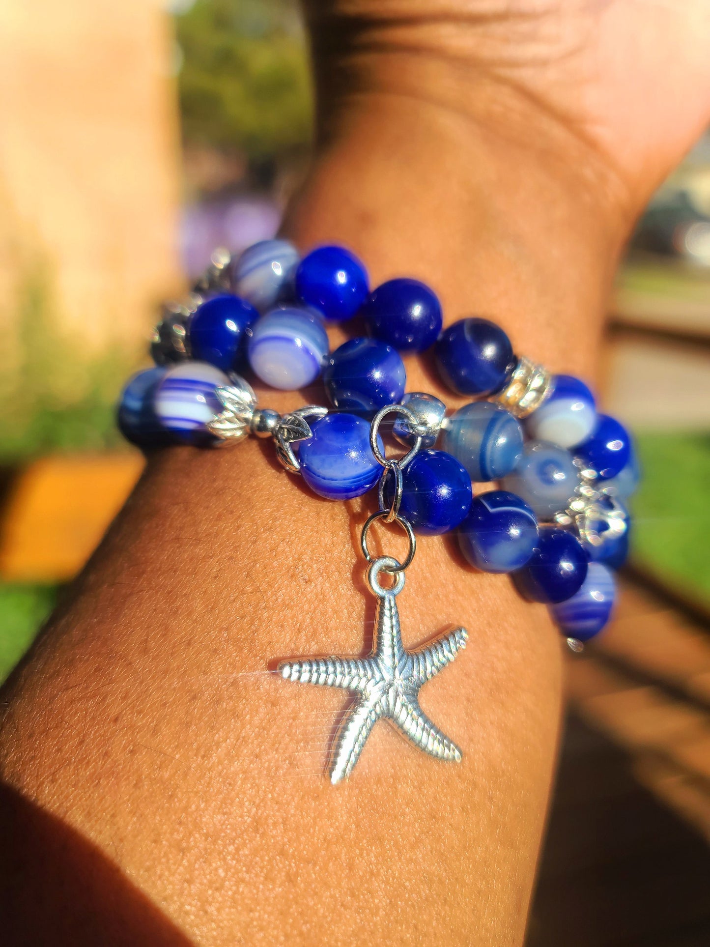 Beaded Bracelet Set Blue Banded Round Agate Beads Fashion Accessory Gift For Her