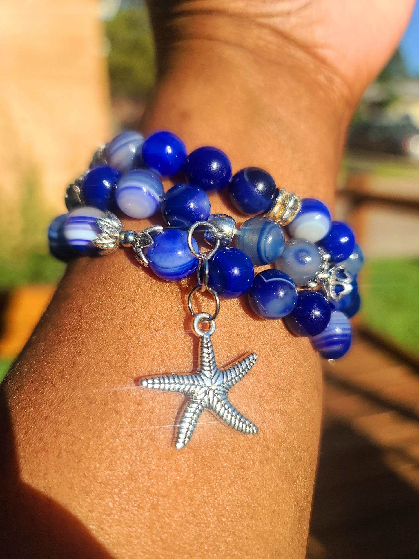 Beaded Bracelet Set Blue Banded Round Agate Beads Fashion Accessory Gift For Her