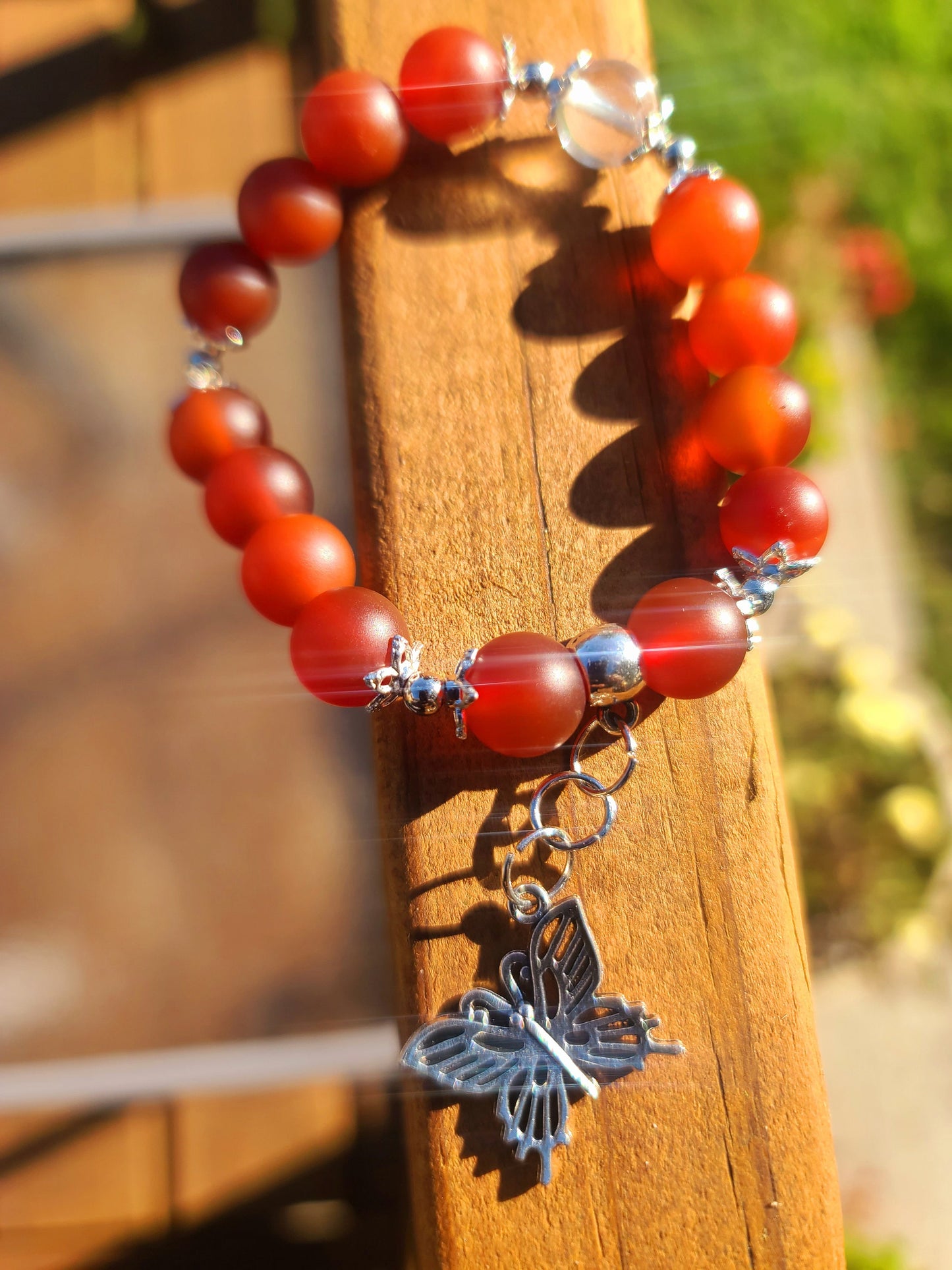 Beaded Bracelet Matte Carnelian Silver Butterfly Charm Gift For Her
