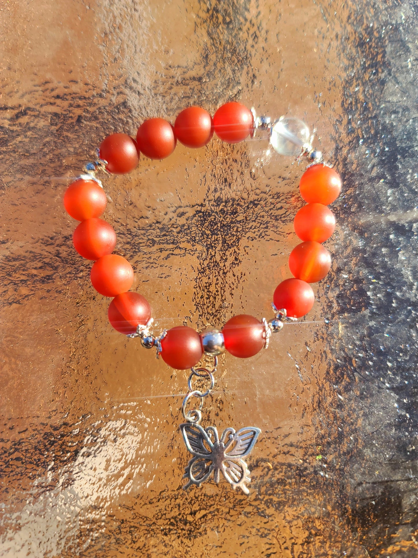 Beaded Bracelet Matte Carnelian Silver Butterfly Charm Gift For Her