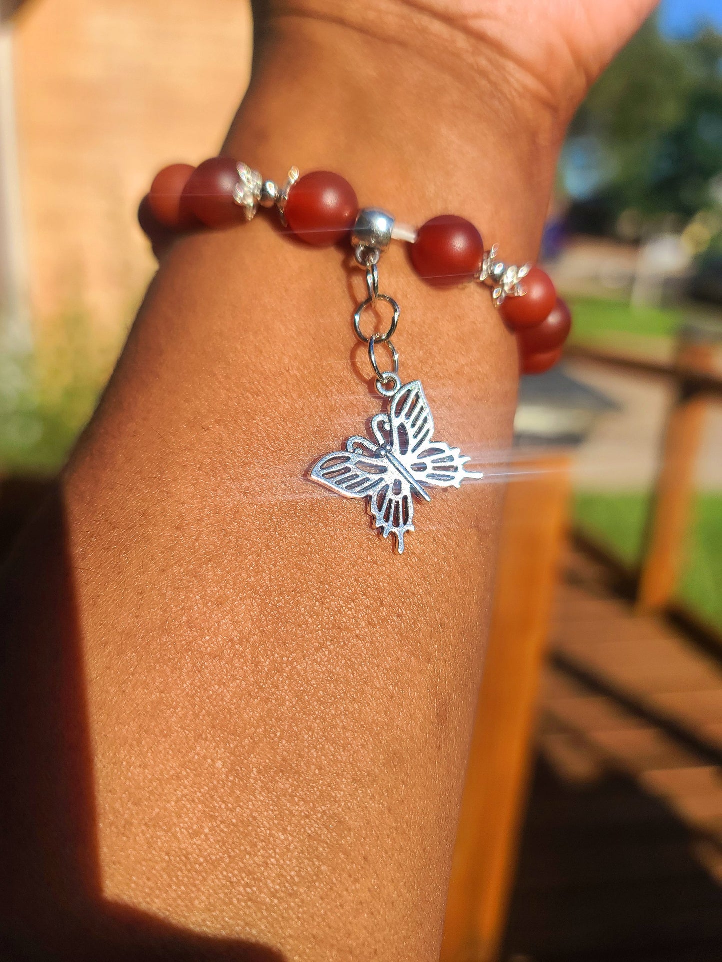Beaded Bracelet Matte Carnelian Silver Butterfly Charm Gift For Her