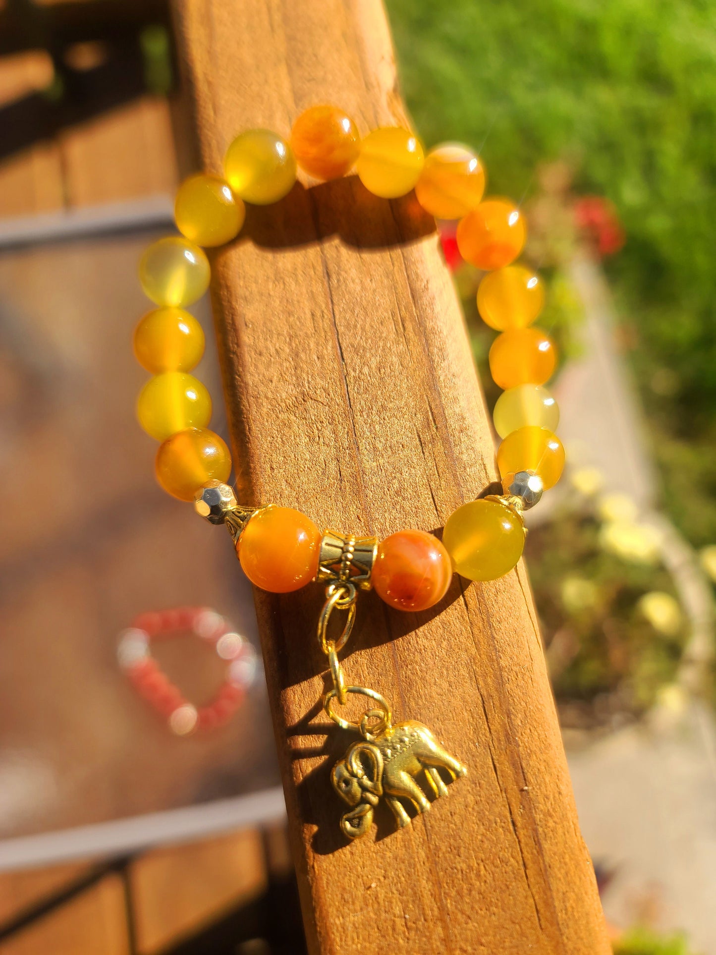Beaded Bracelet Orange Banded Round Agate with Gold Elephant Charm Gift For Her