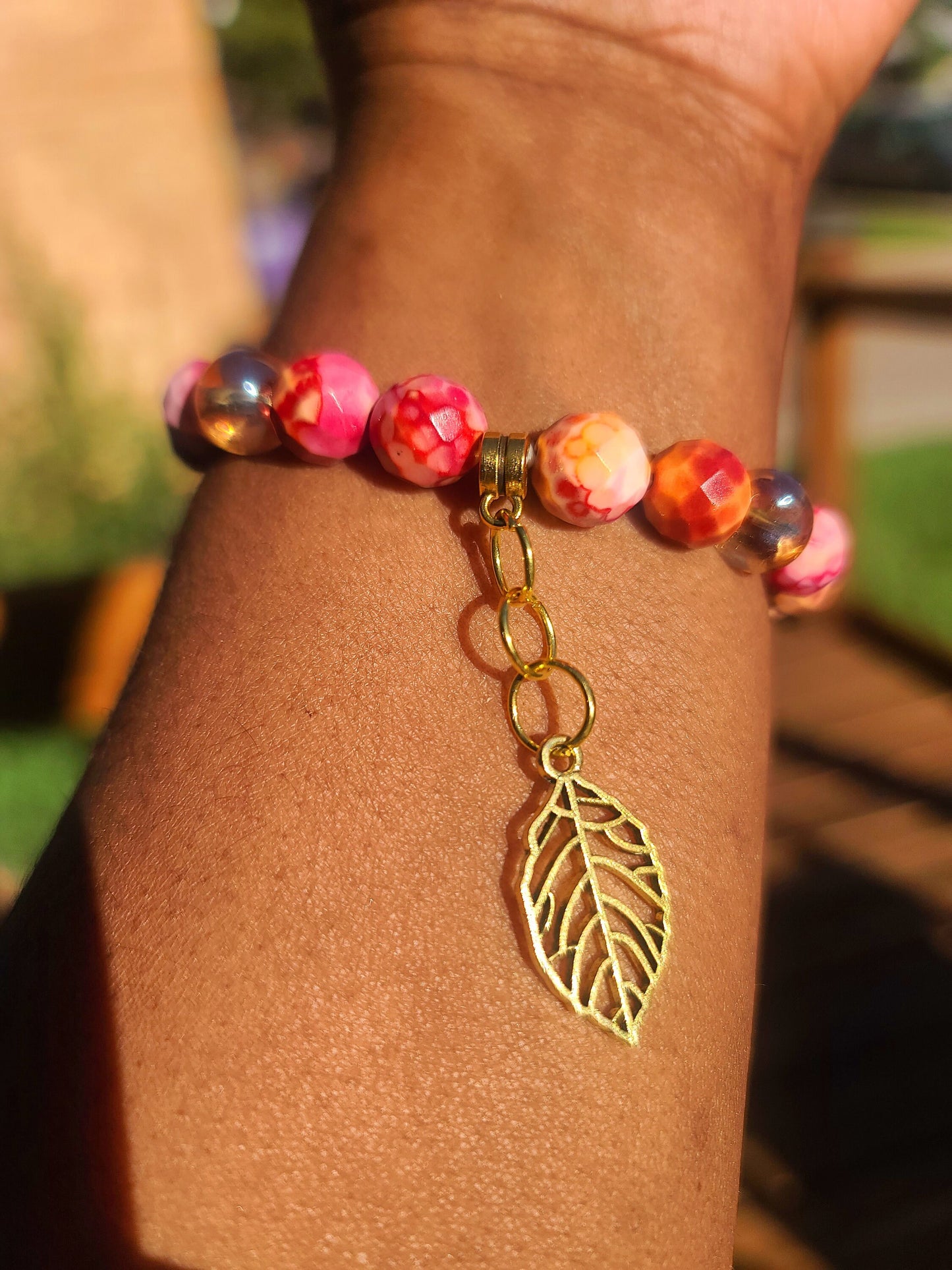 Beaded Bracelet Pink, Red & Orange Faceted Jade Gold Leaf CharmGift For Her