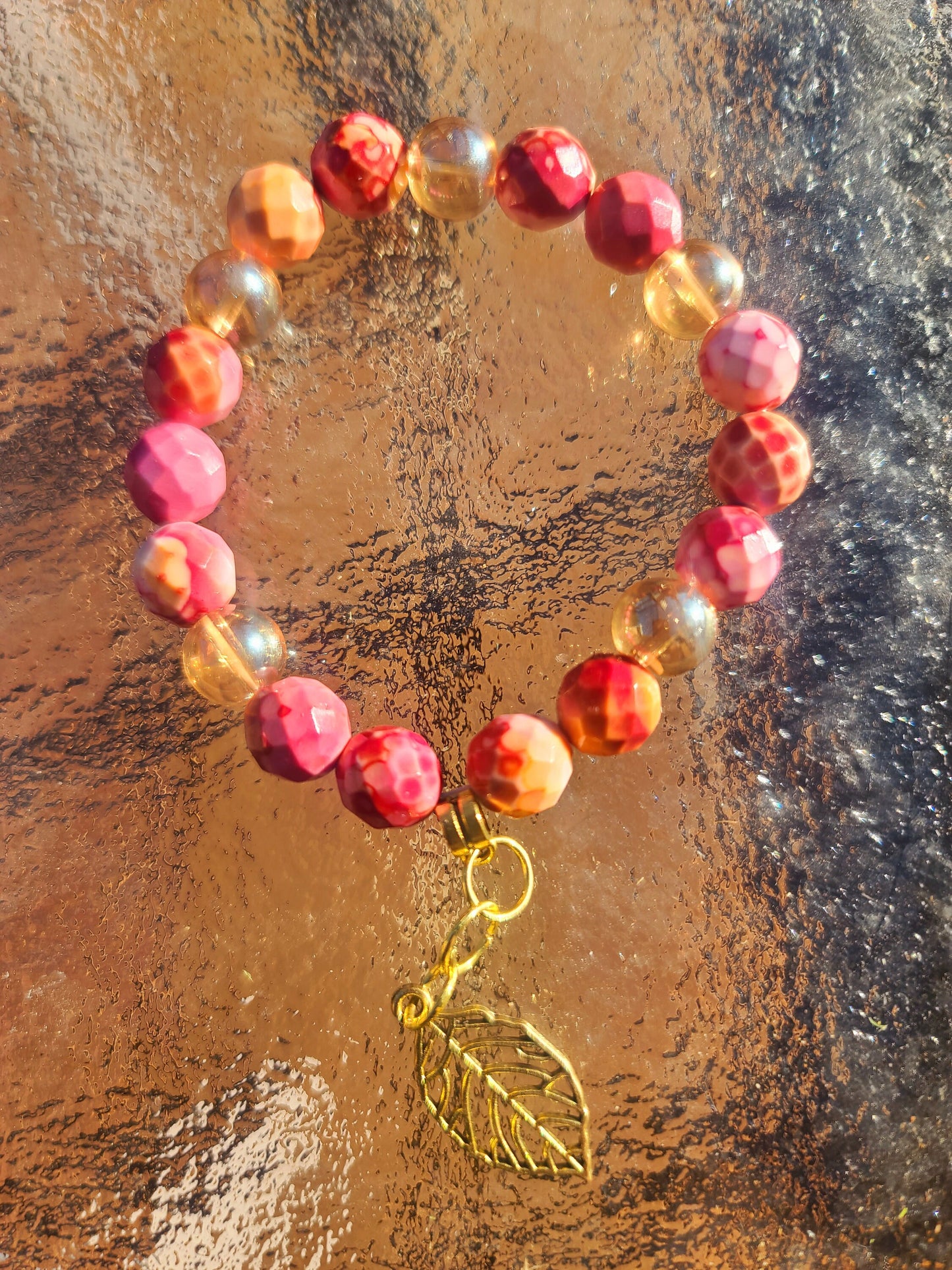 Beaded Bracelet Pink, Red & Orange Faceted Jade Gold Leaf CharmGift For Her