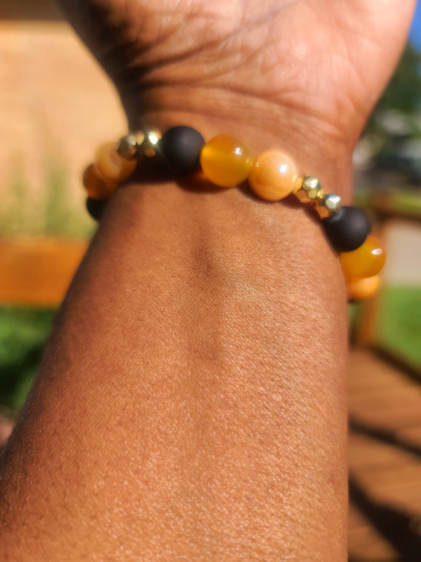 Beaded Bracelet Matte Black and Orange Banded Round Agate Gold Spacers Gift For Her