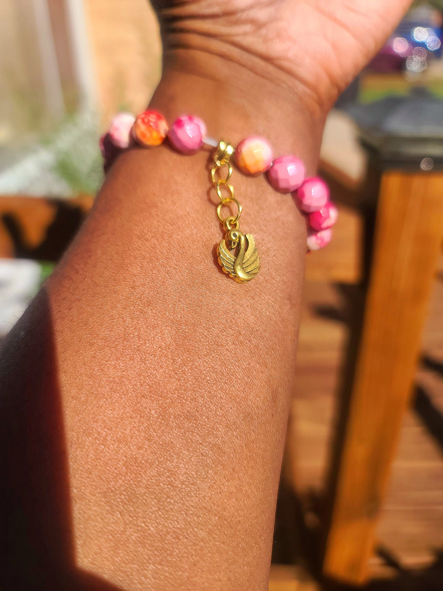 Beaded Bracelet Pink Red & Orange Faceted Jade Gemstone with Gold Swan Charm Gift For Her